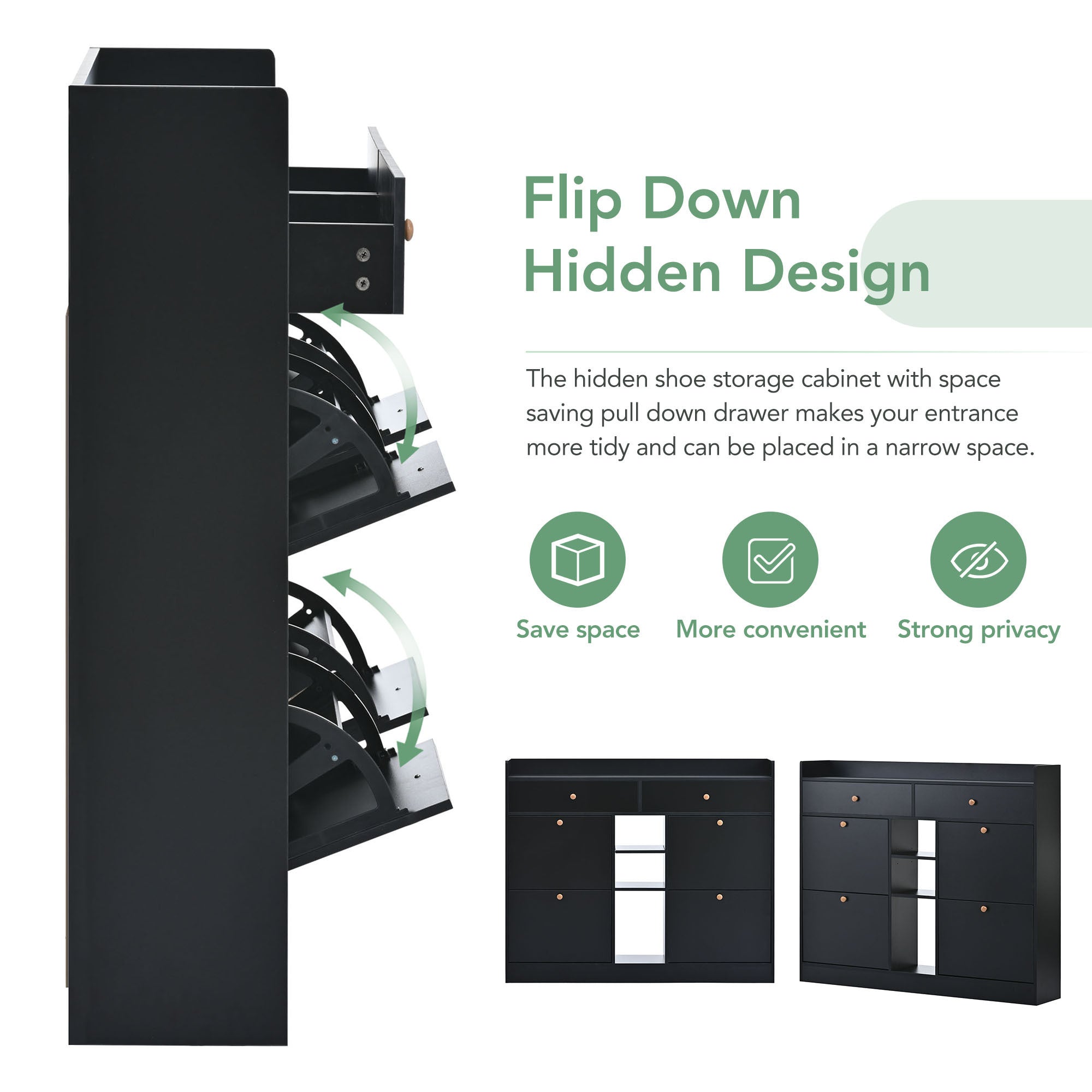 50.70" Black Shoe Storage Cabinet with Flip Drawers