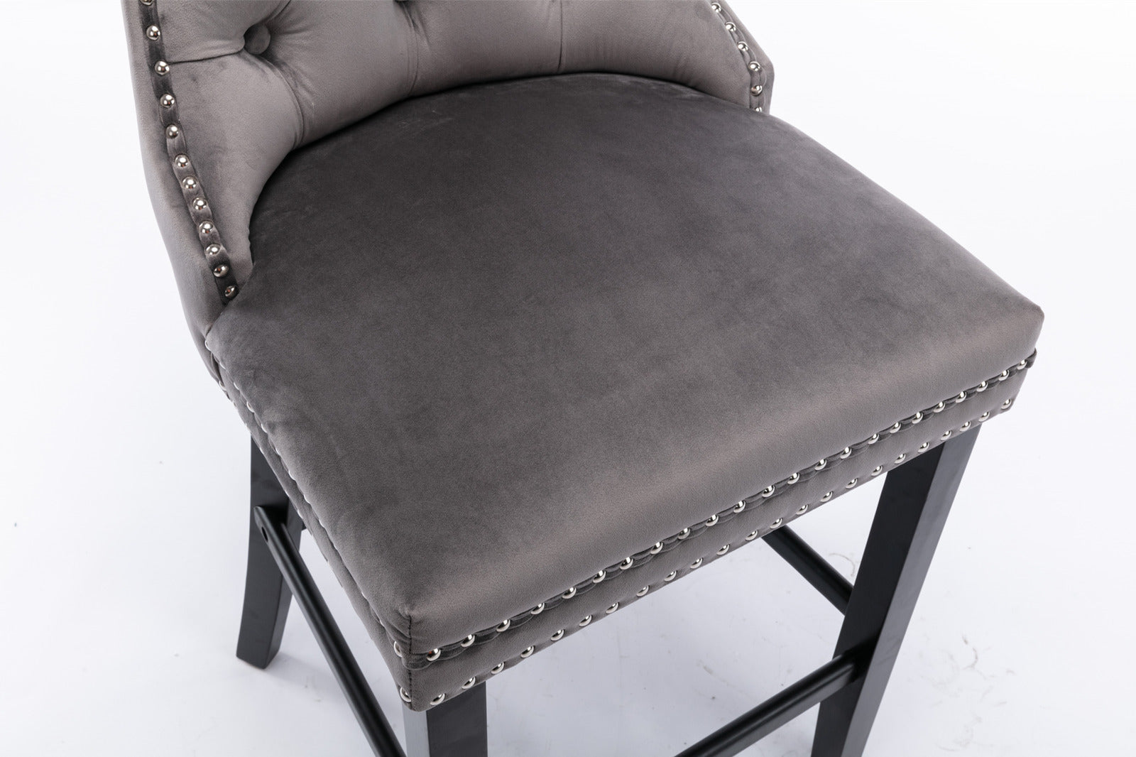 Set of 2 Gray Velvet Counter Stools Tufted Back with Nailhead Trim and Ring Pull
