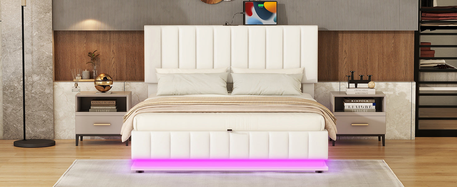 Milan White Faux Leather  Queen Platform Bed With Hydraulic Storage LED Light and USB Ports