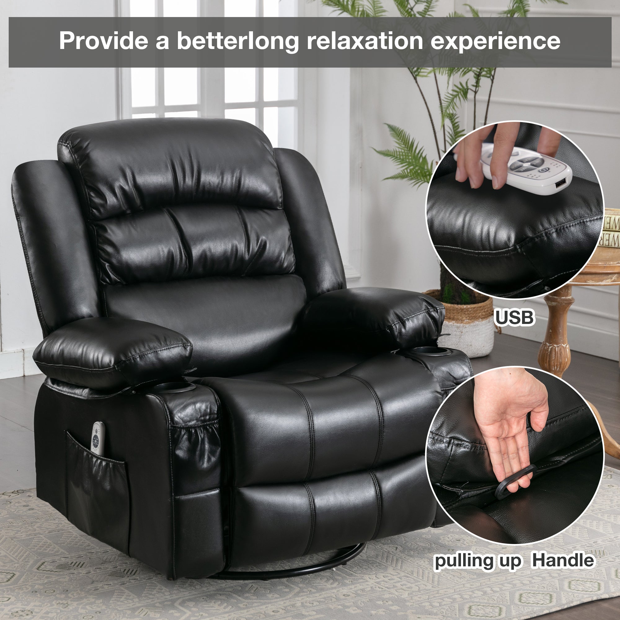 Riley Black Faux Leather Swivel Rocker Recliner Chair with Massage and Heat