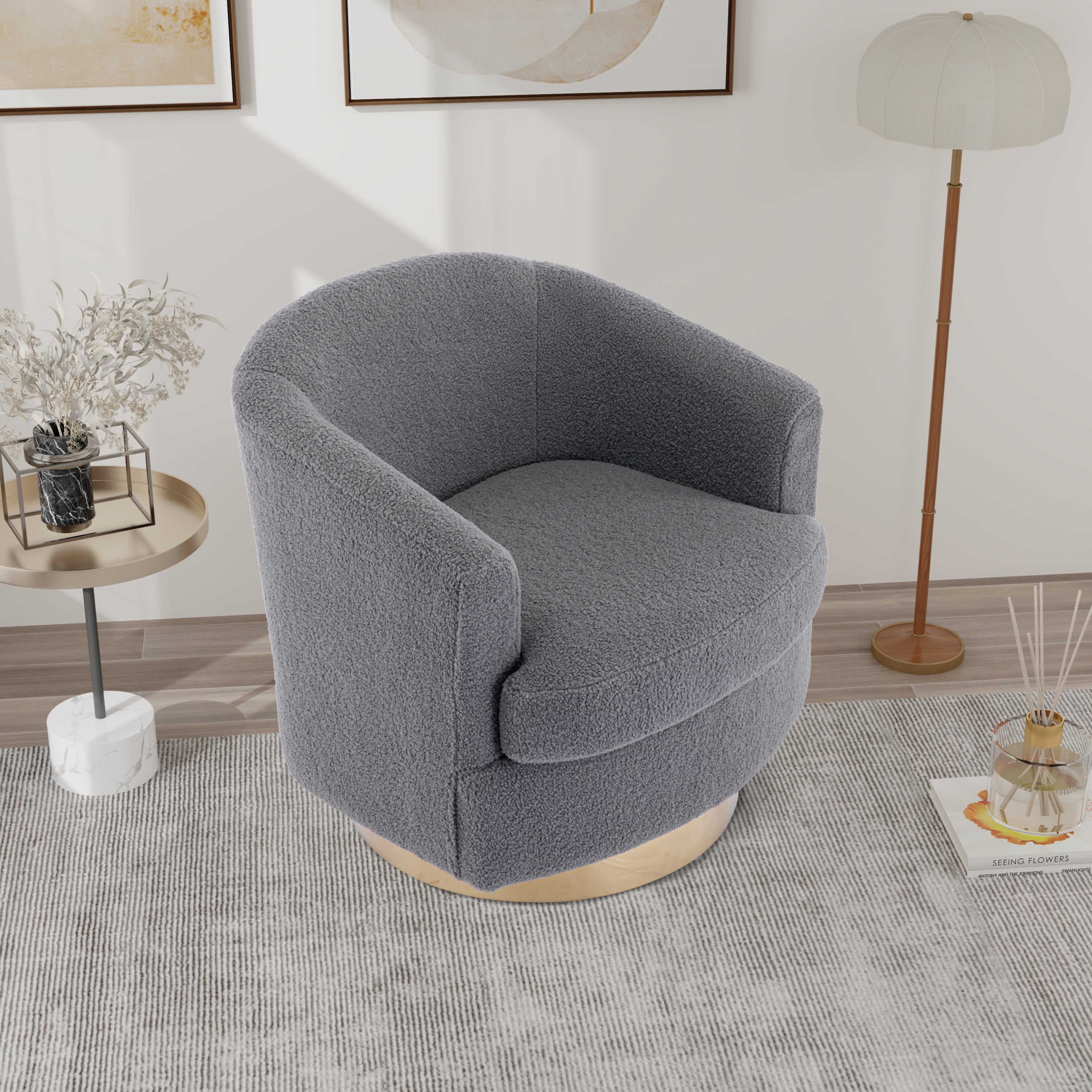 Martha Boucle Swivel Accent Barrel Chair with Gold Stainless Base
