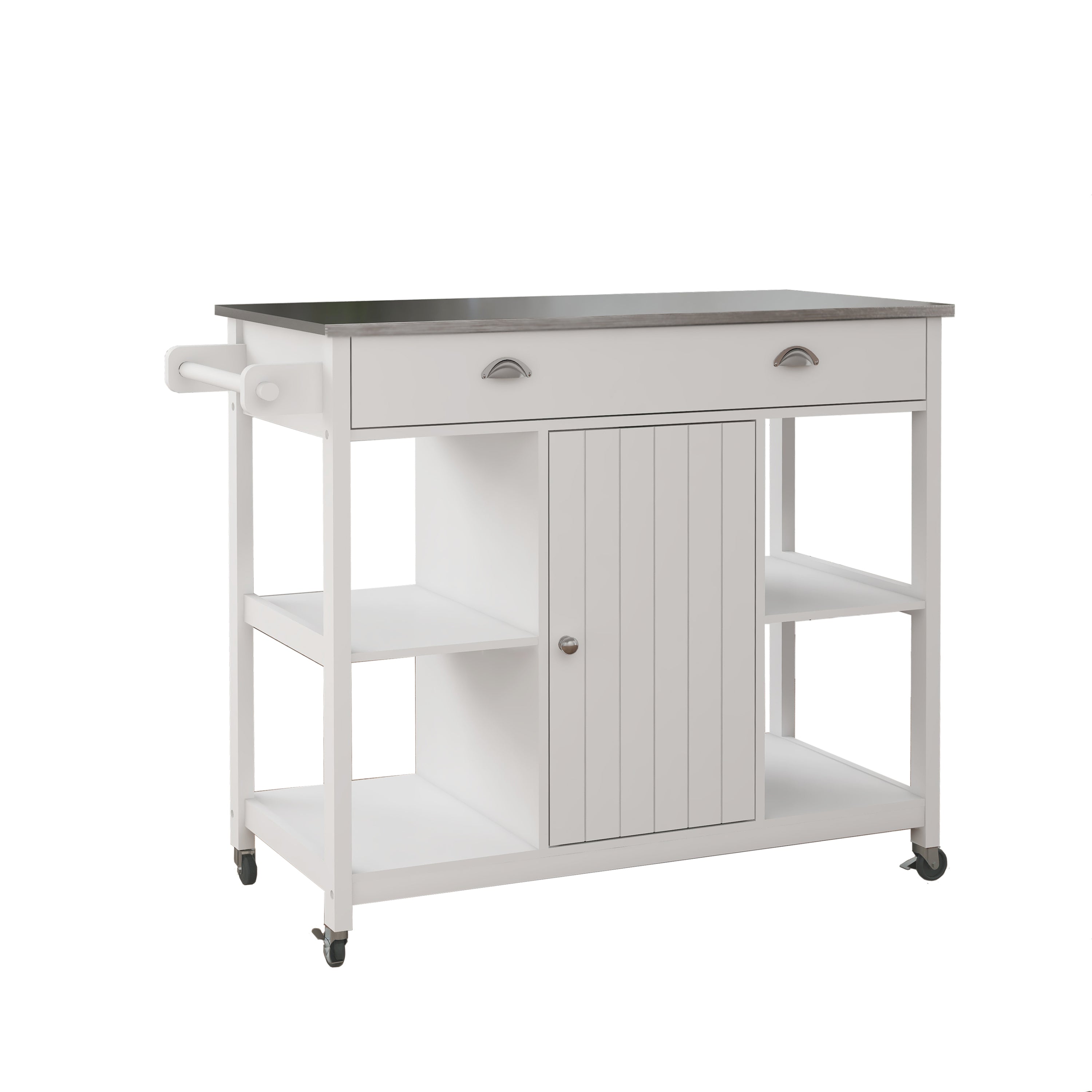 White 39.57" Kitchen Rolling Cart With Stainless Steel Top