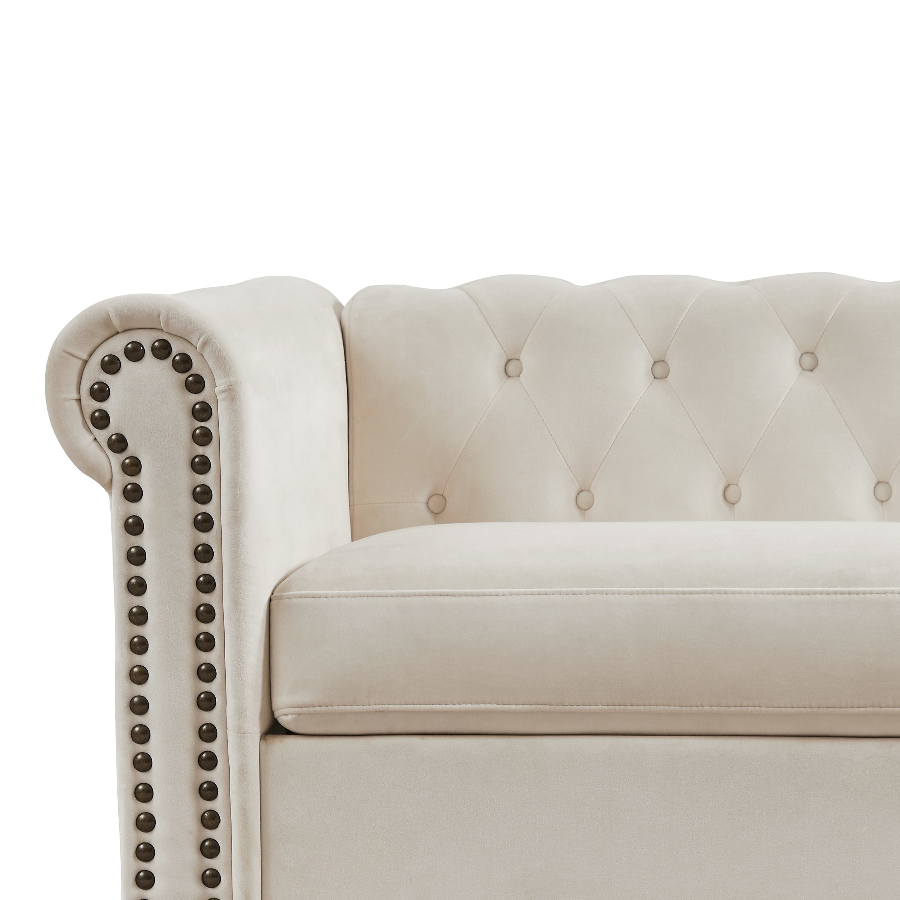 79.53" White Velvet Chesterfield Sofa with Tufted Back and Wood Legs