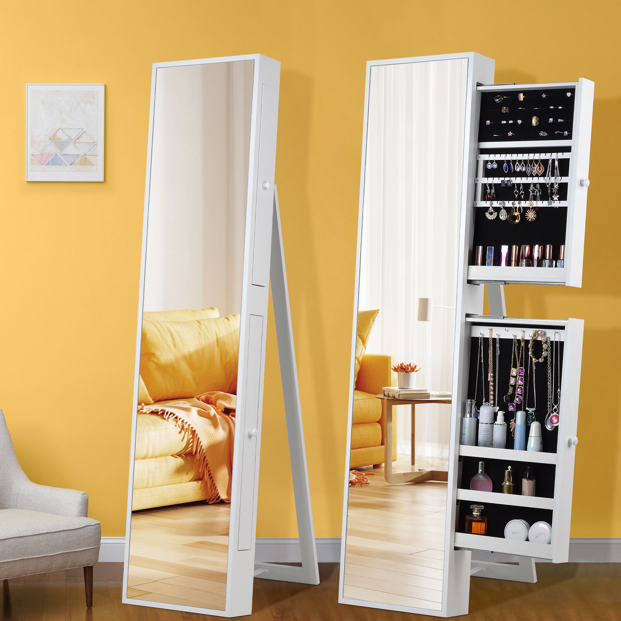 61" Tall White Standing Mirror Jewelry Cabinet  With Two Storage  Drawers