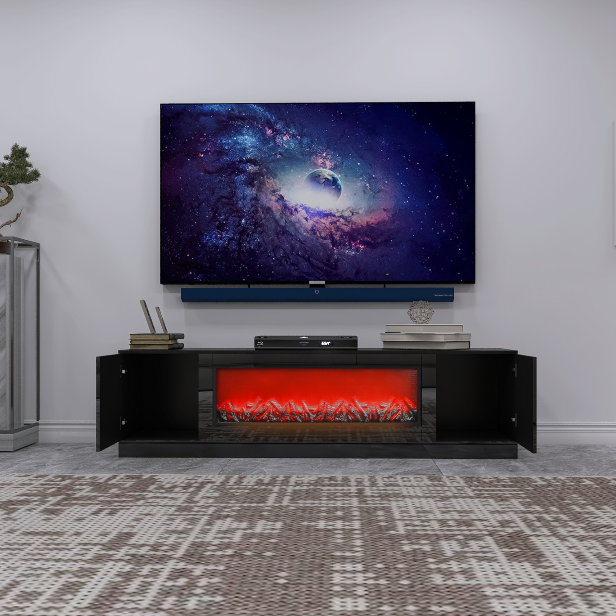 70.87" Black High Glossy Modern TV Stand With Insert Electric Fireplace, Fits TV Up to 75"
