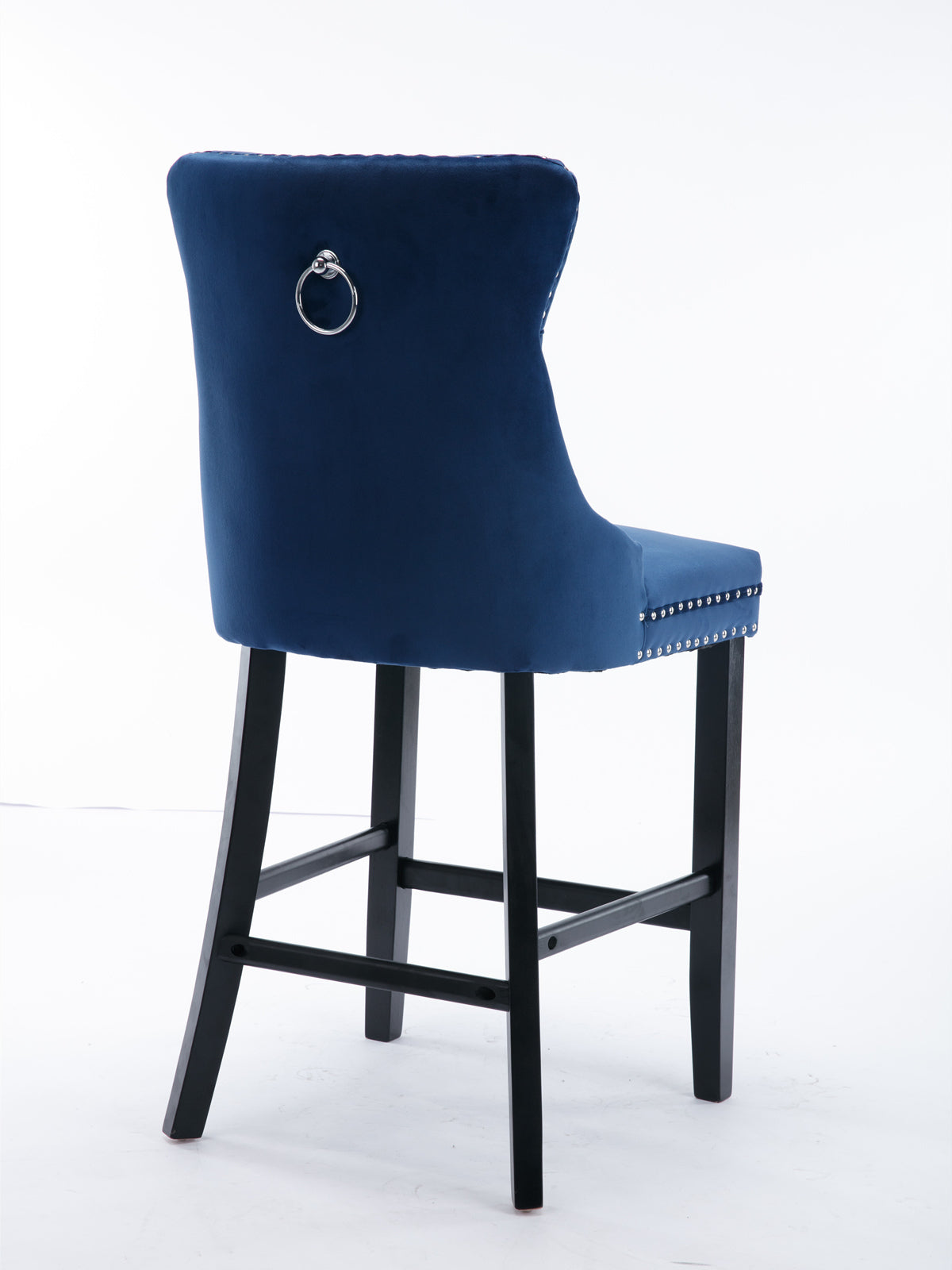 Set of 2 Blue Velvet Counter Stools Tufted Back with Nailhead Trim and Ring Pull