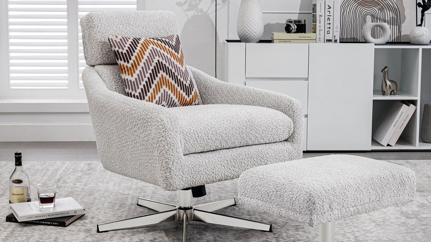Zola Beige Linen Swivel Accent Chair with Ottoman