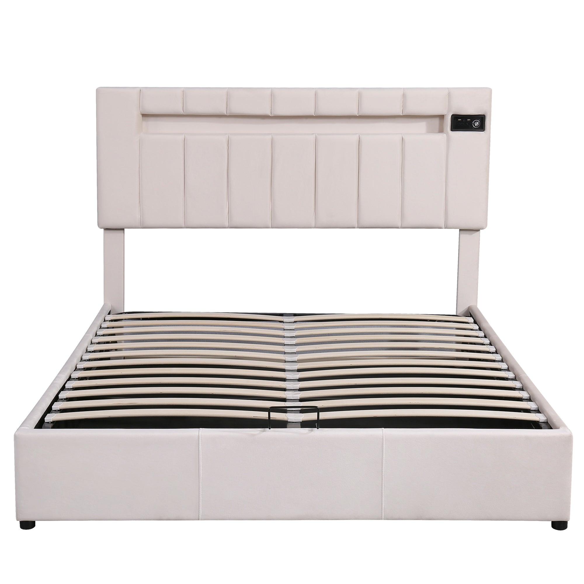 Miami Queen Size Velvet Hydraulic Lift Up Storage Platform Bed with LED Light, Bluetooth Player and USB Charging