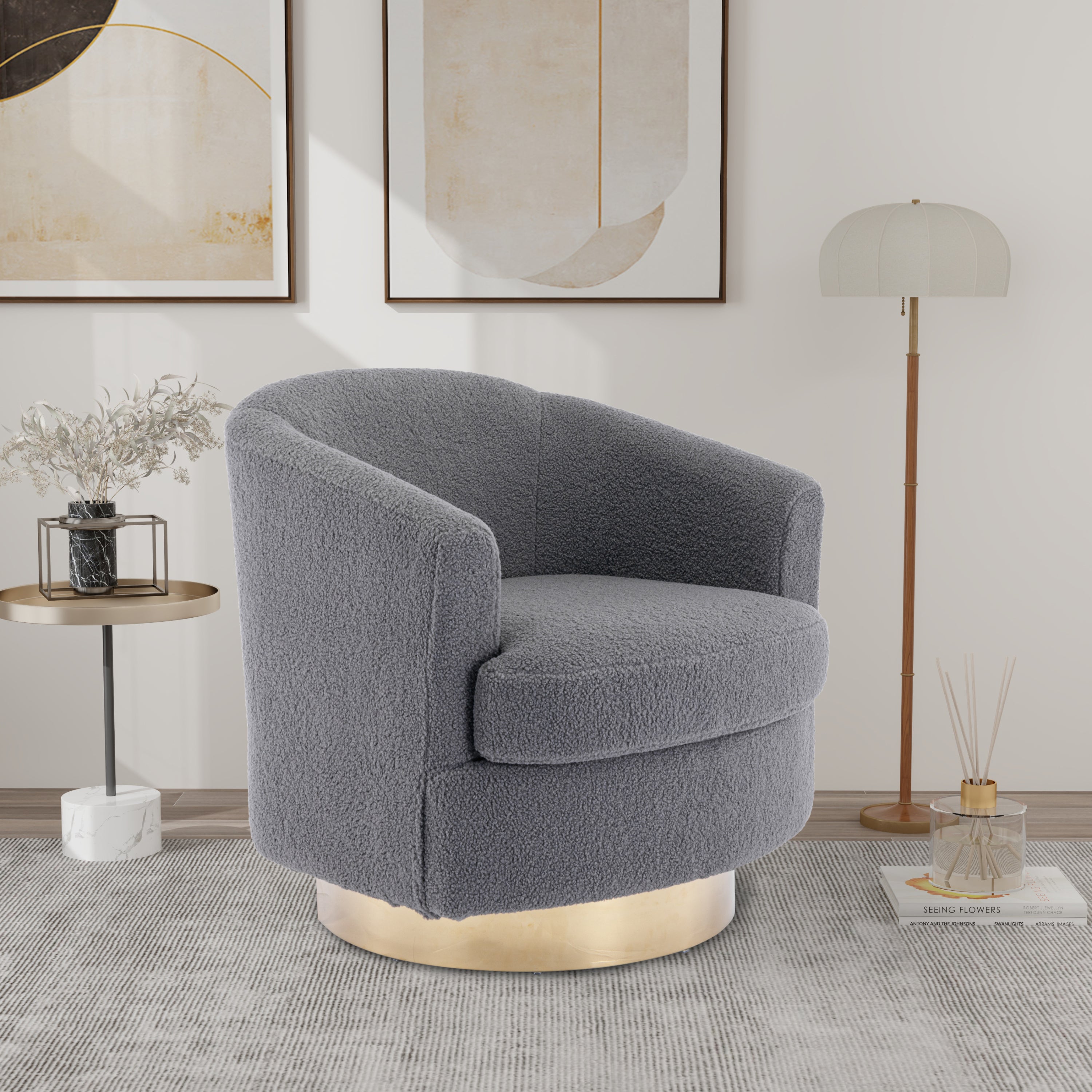 Martha Boucle Swivel Accent Barrel Chair with Gold Stainless Base