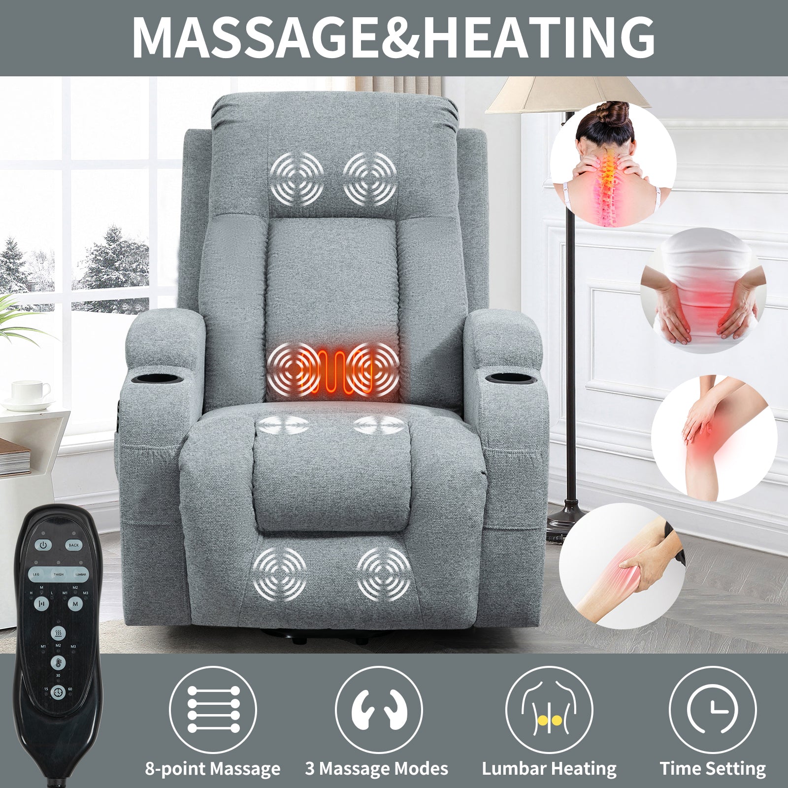 Jerry Linen Power Lift Recliner Chair With 8-Point Vibration Massage and Lumbar Heating, USB Charging Port, Cup Holders