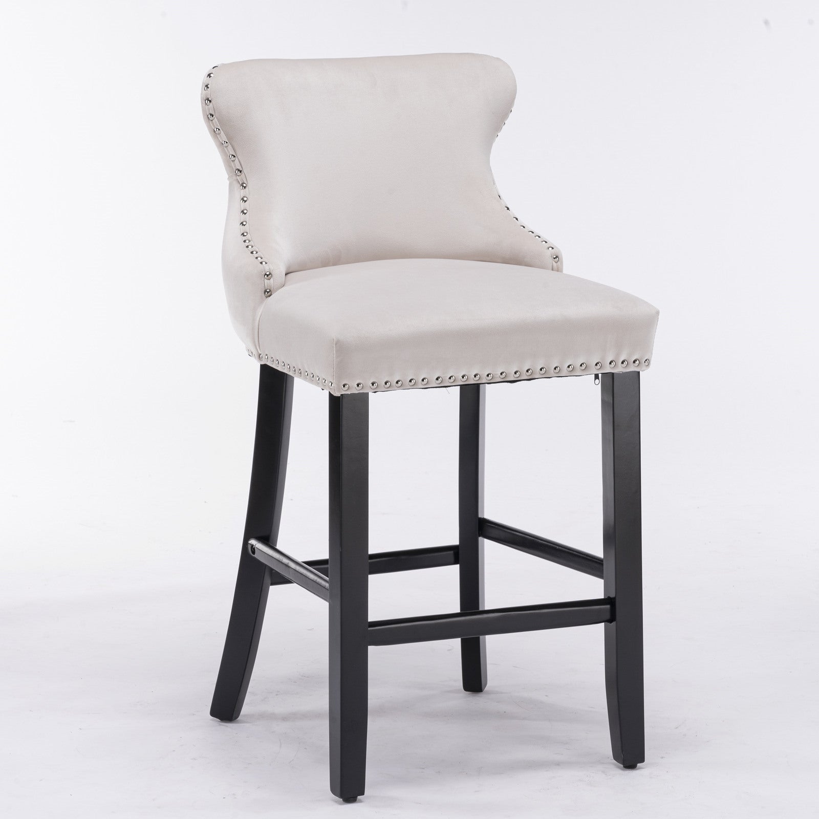 Set of 2 Beige Velvet Counter Height Stools with Tufted Back and Nailhead Trim