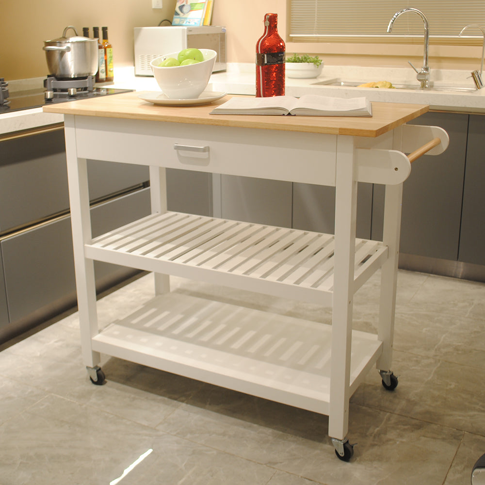 40" White Rolling Kitchen Island Cart with Solid Wood Top