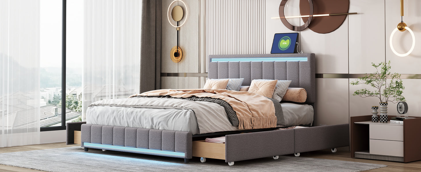 Charles Queen Gray Linen Platform Bed with LED Light and 4 Storage Drawers, USB ports and Power Outlet