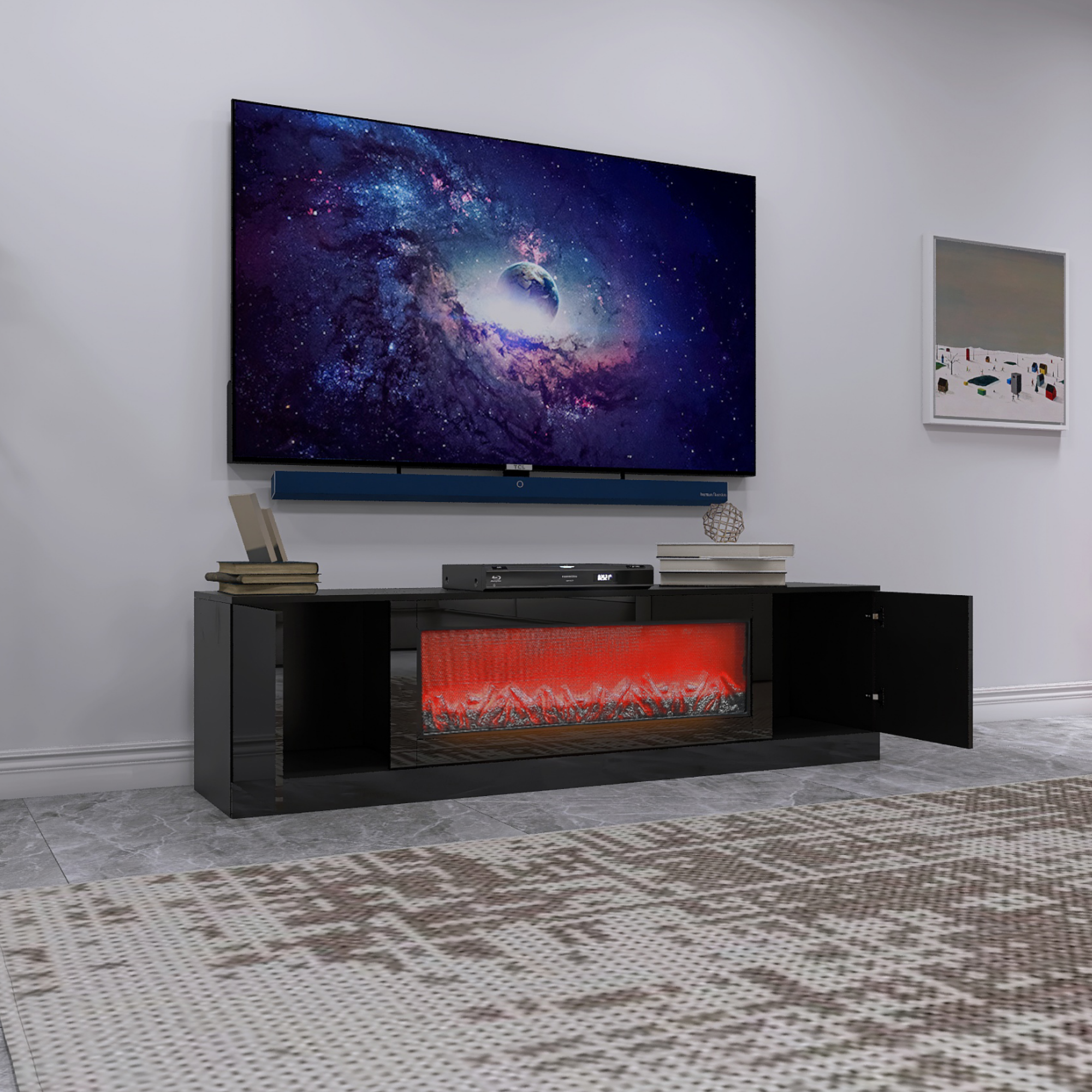 70.87" Black High Glossy Modern TV Stand With Insert Electric Fireplace, Fits TV Up to 75"