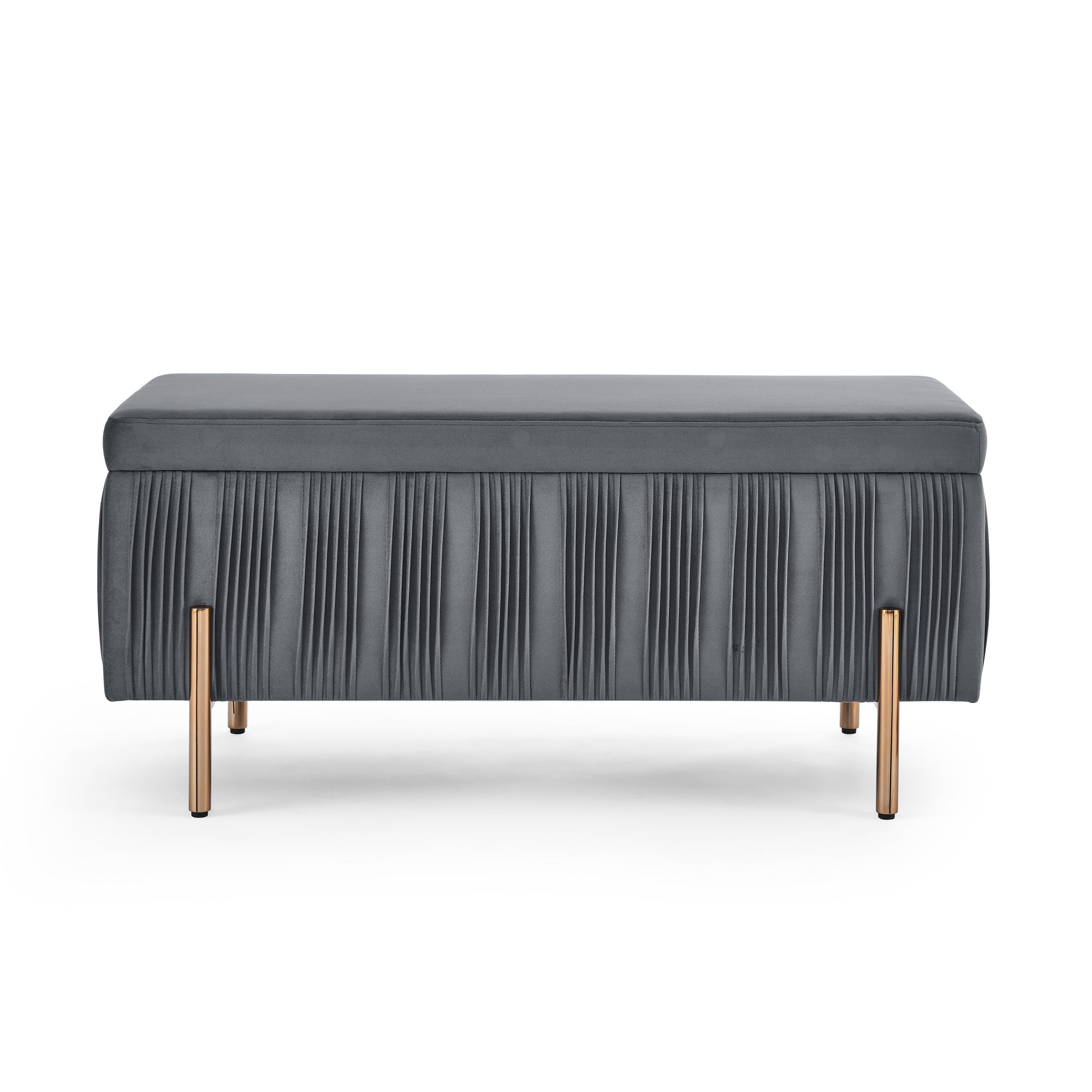 Gray Velvet Storage Bench with Cedar Wood Veneer and Metal legs