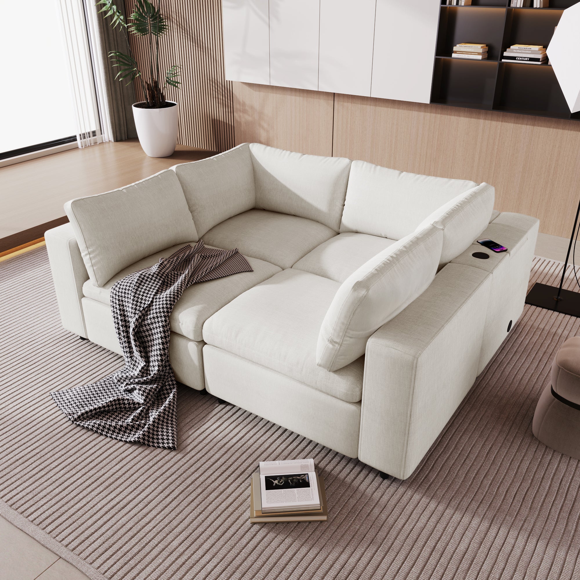 Beckham Linen 4 Seater Modular Sectional Sofa with USB Charge Ports, Wireless Charging and Built-in Bluetooth Speaker