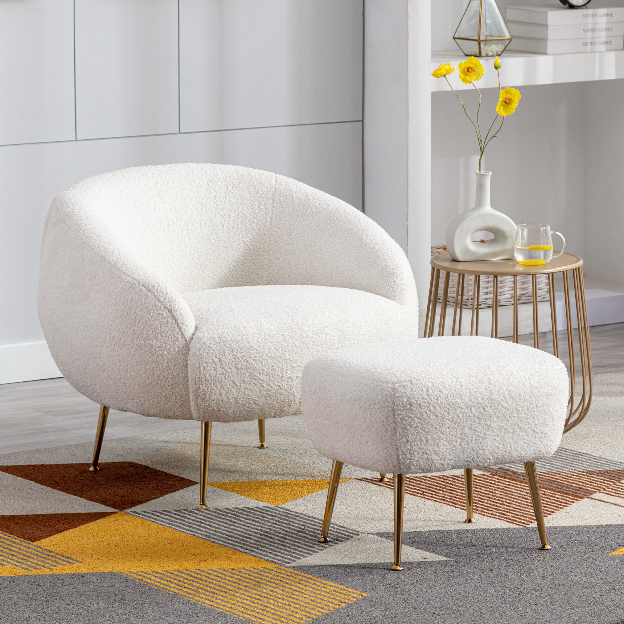 Elise white Boucle Modern Barrel Accent Chair with Ottoman 