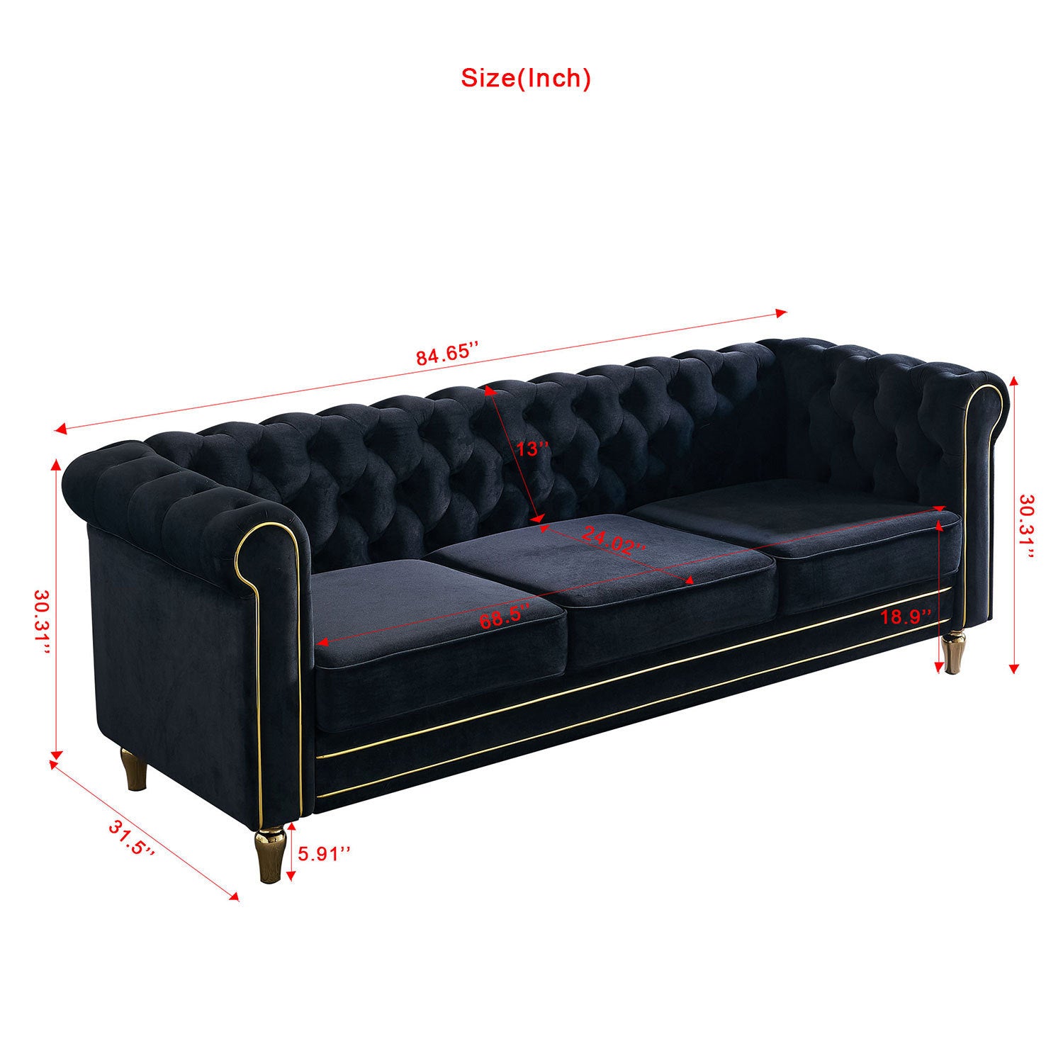 84" Black Velvet Chesterfield Sofa With Gold Trim and Metal legs