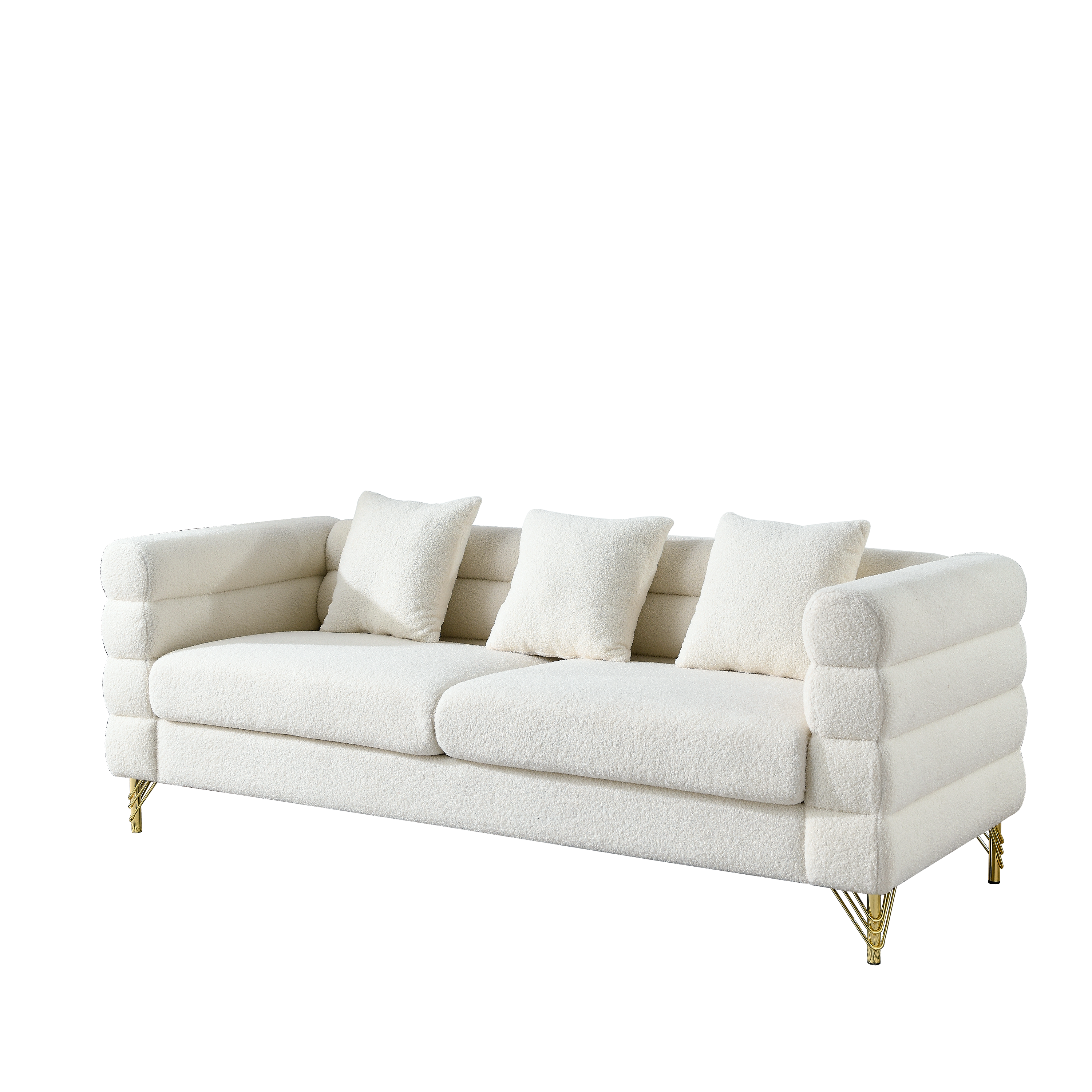 81" Beige Boucle Fabric Sofa With Gold Metal Legs