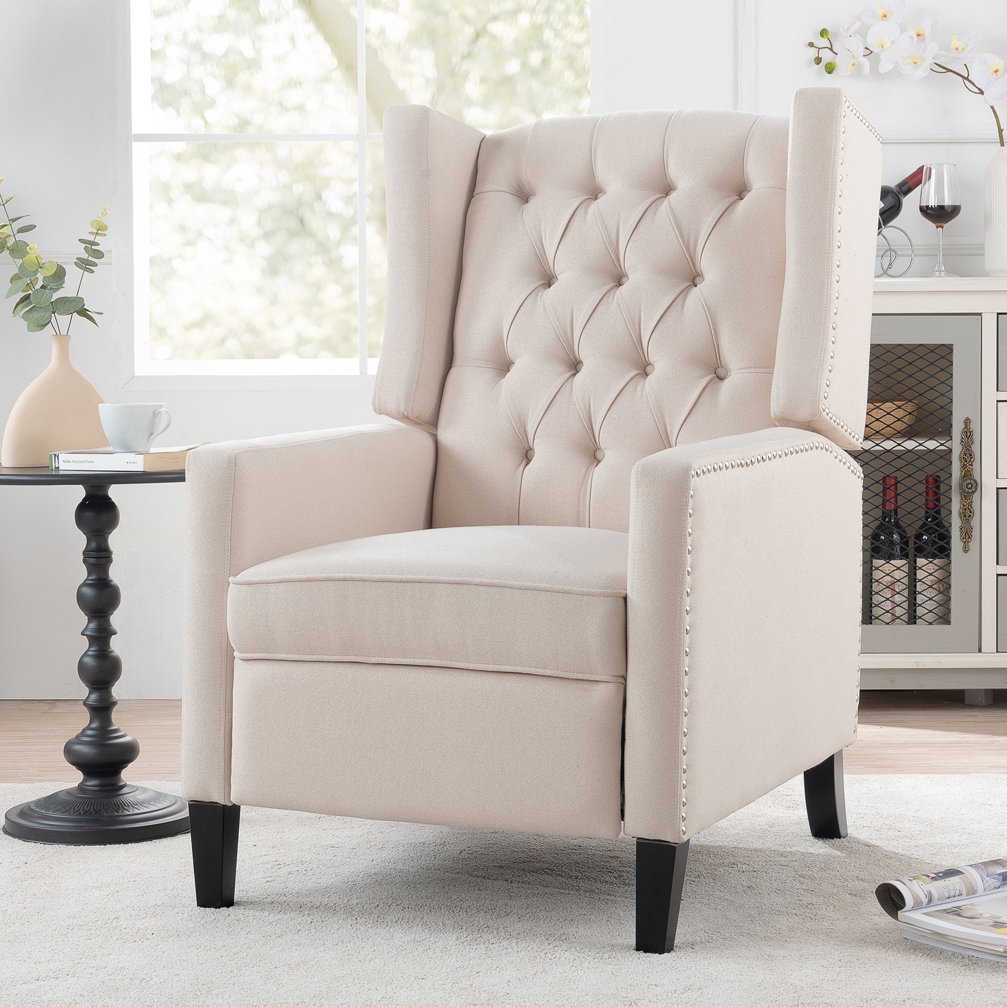 Blaine Beige Linen Fabric Pushback Recliner Wing Chair With Nailhead Trim