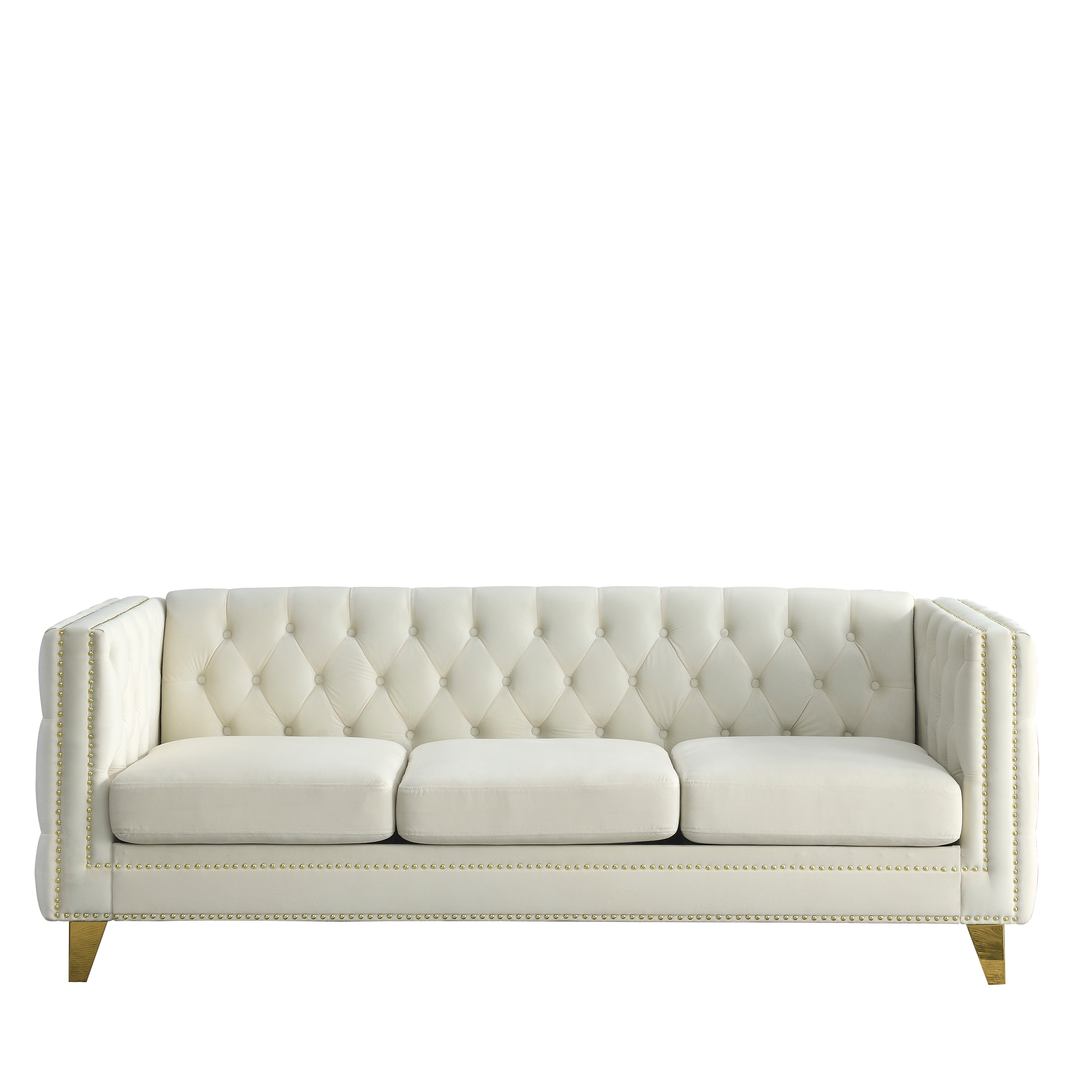Gillian Modern Beige Velvet Tufted Chesterfield Sofa with Nailhead Trim and Gold Metal Legs