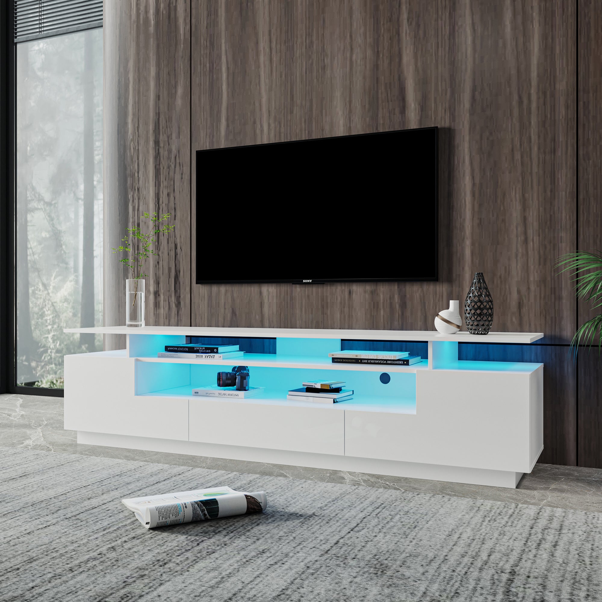76.77" Modern White TV Stand  for TV up to 86", 20 Colors LED TV Stand w/Remote Control Lights