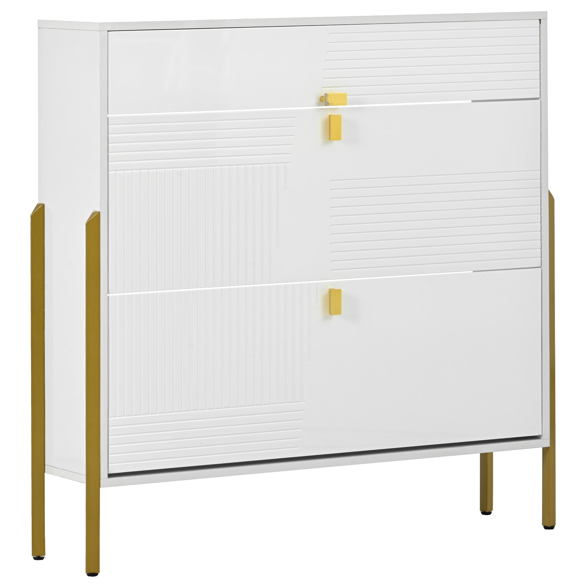 37.80" White Shoe Cabinet with Flip Drawers and Gold Metal legs