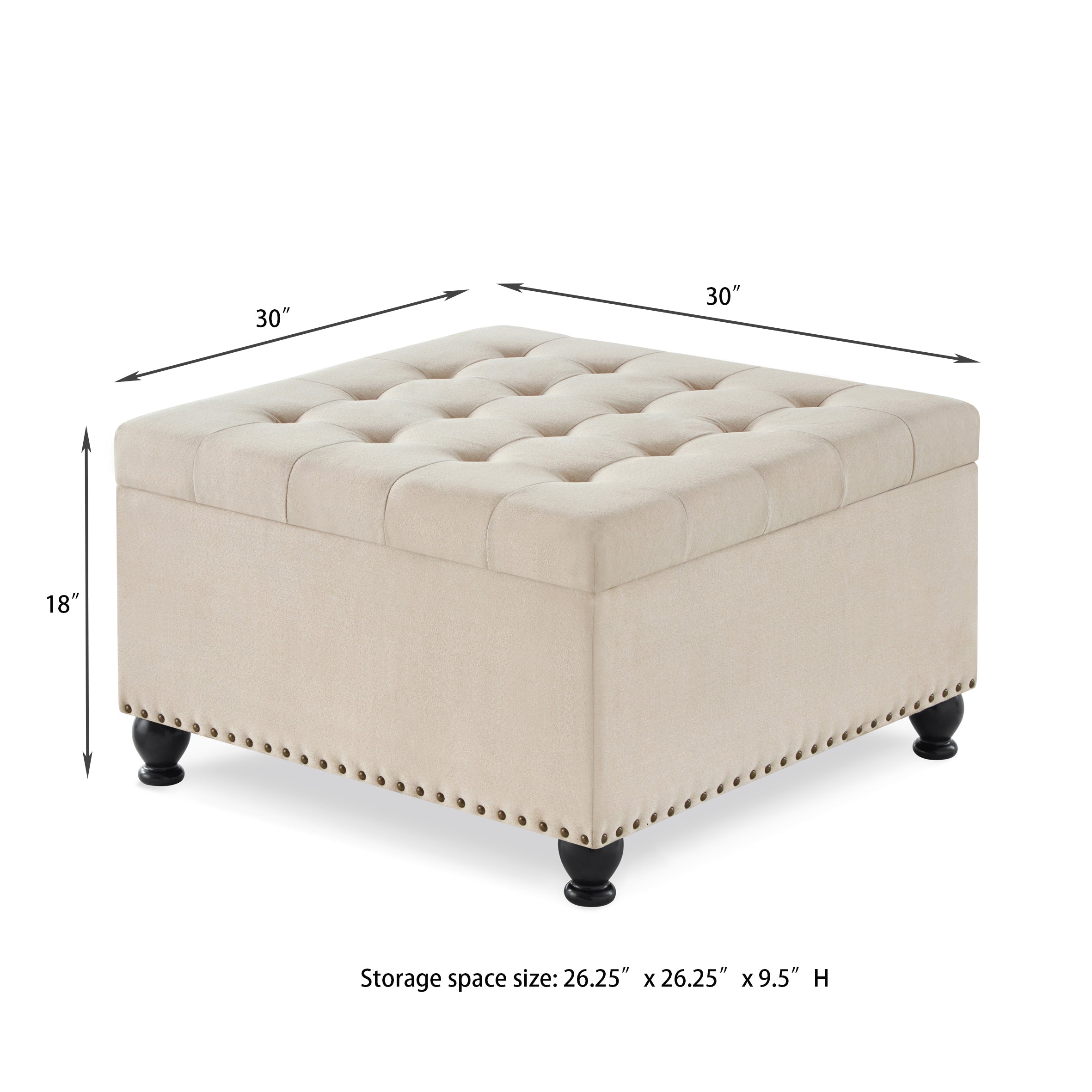 30" x 30" Large Square Storage Ottoman with Wooden Legs