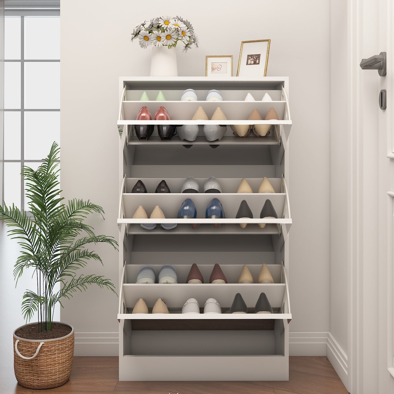 Mirrored White Narrow 3 Tier Shoe Storage Cabinet Organizer