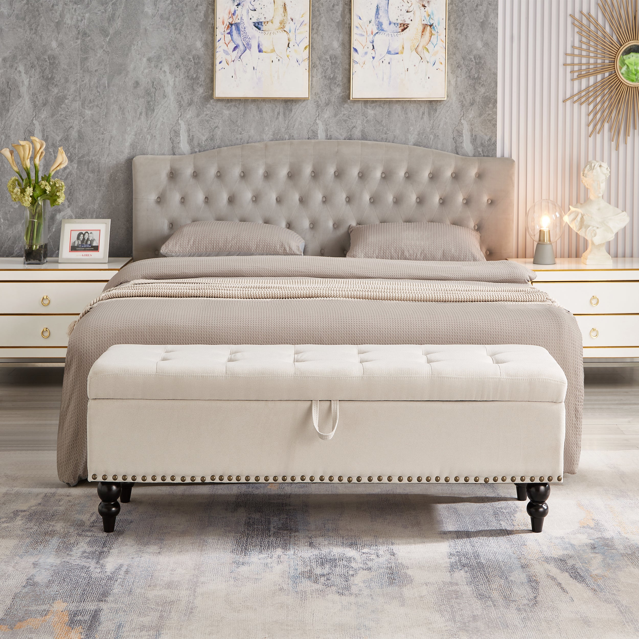 59" Linen Fabric Storage Bench for Entryway, Bedroom, Livingroom