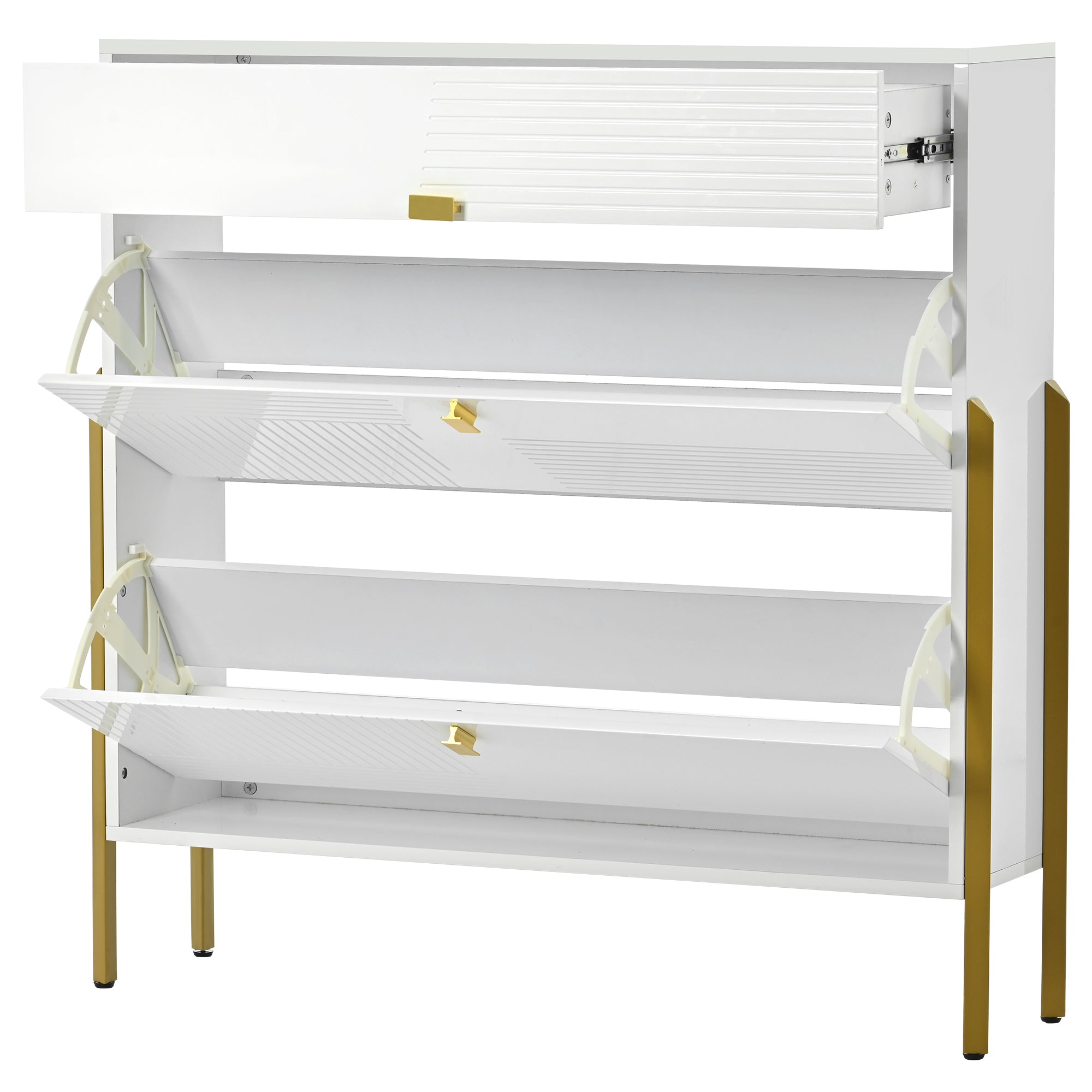 37.80" White Shoe Cabinet with Flip Drawers and Gold Metal legs
