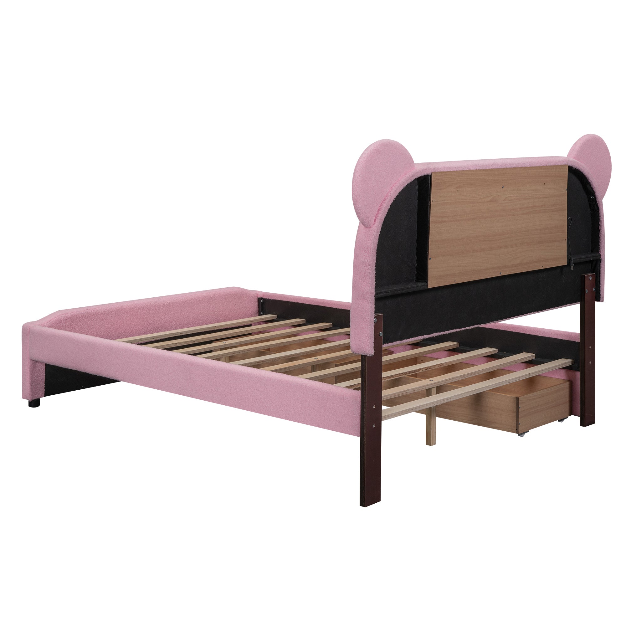 Teddy Full Size Pink Boucle Upholstered Storage Platform Bed with Cartoon Ears Headboard and LED light