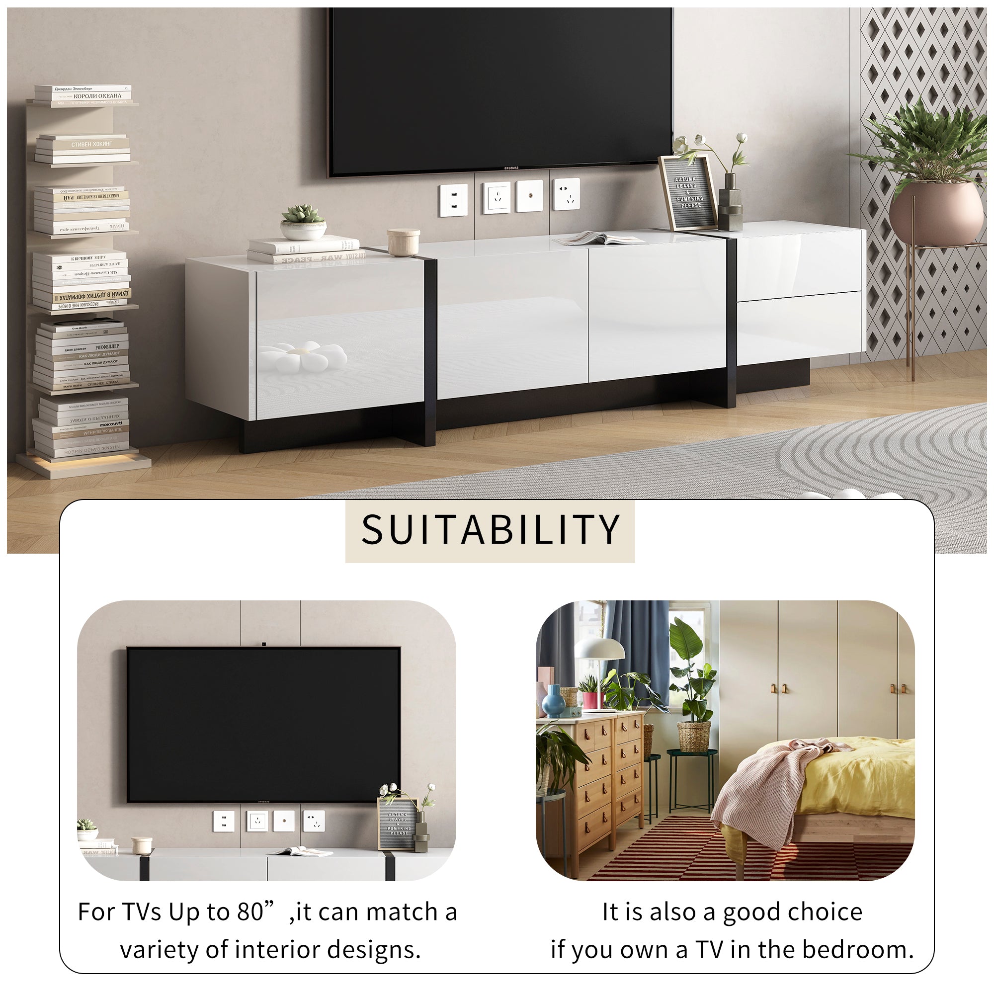 74.8" Modern High Glossy White & Black TV Stand for TV up to 86"
