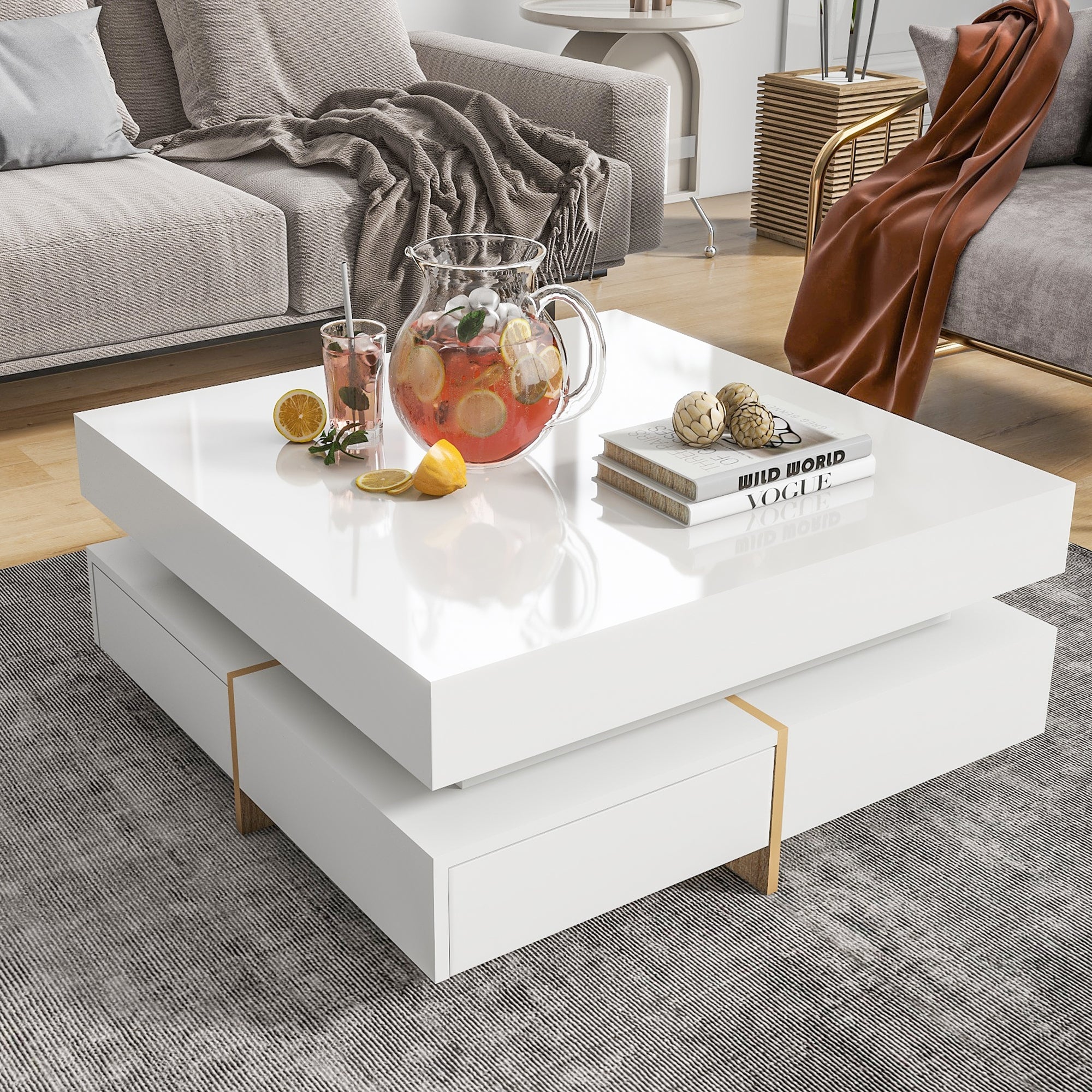 Arboga 31.5" x 31.5" Modern High Gloss Coffee Table with Storage Drawers