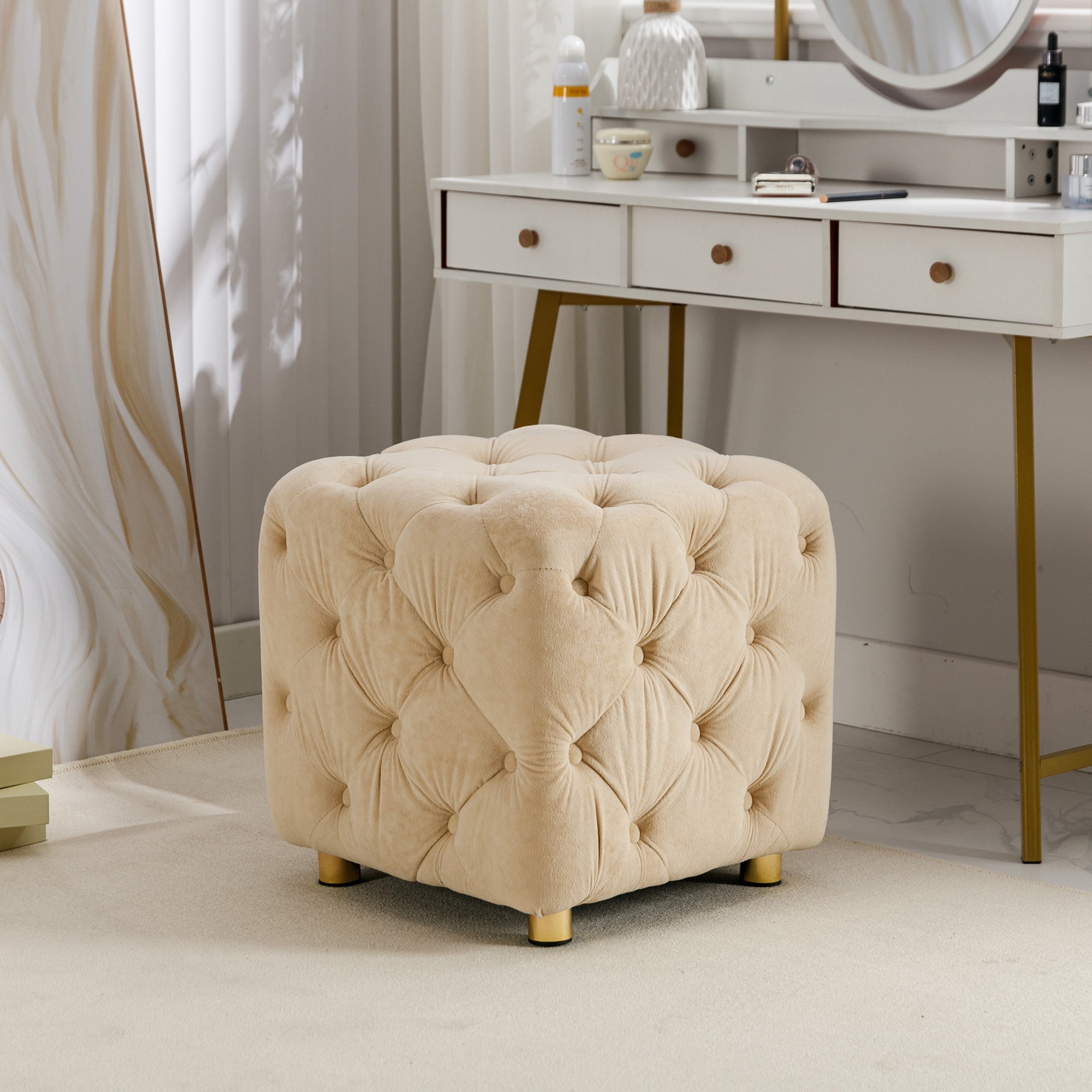 Modern Soft beige Velvet Tufted Seating Stool Ottoman