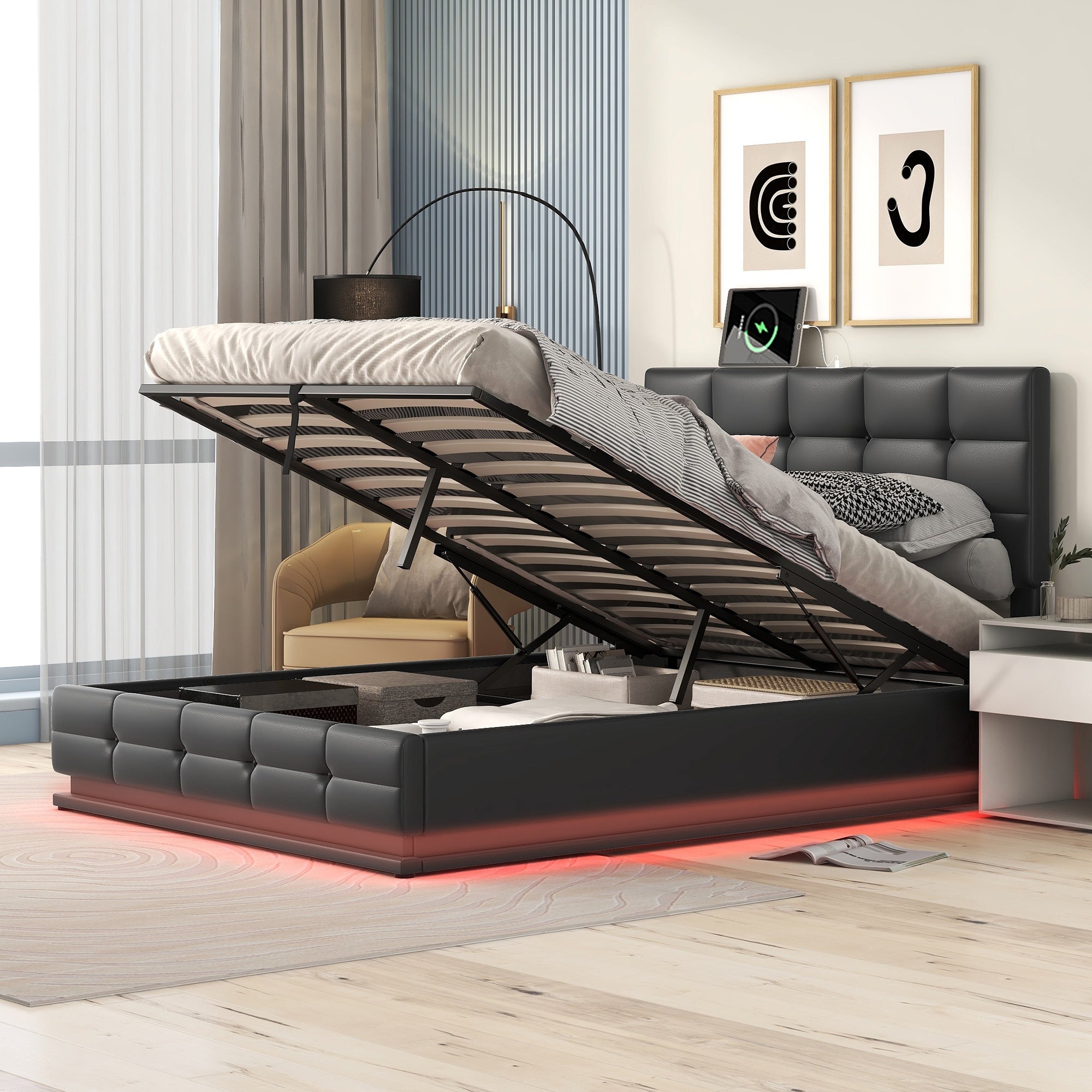 Kosmo Full Size Hydraulic Lift Storage Platform Bed with LED Lights and USB Charger Upholstered with black Faux Leather