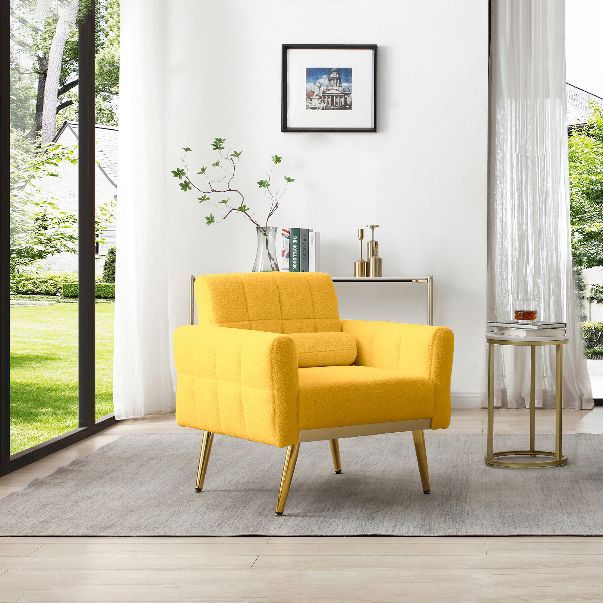 Kumla Boucle Fabric Modern Accent Armchair with Gold Metal Legs