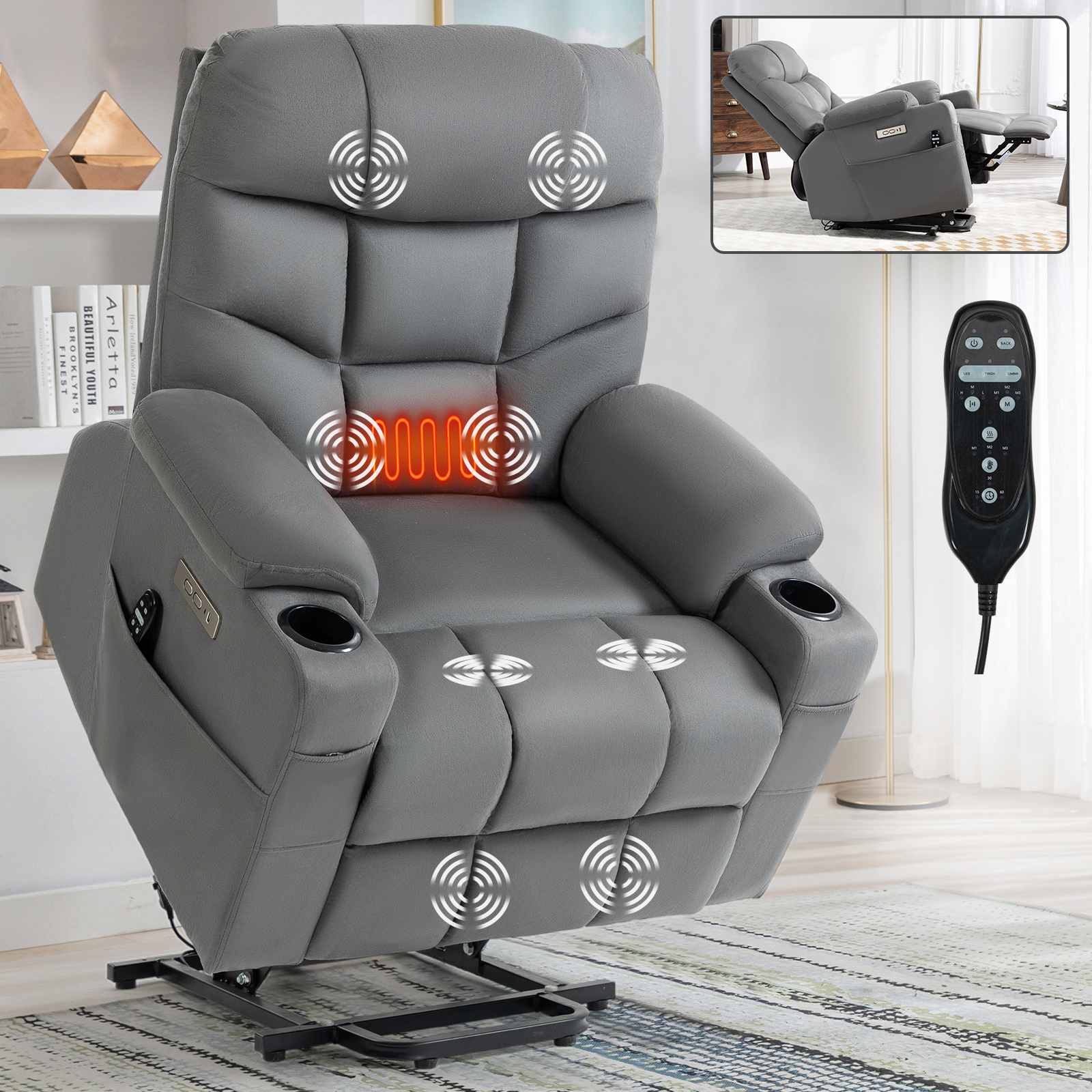 Mason light gray Suede Power Lift Recliner with Massage and Heating, USB Charge Ports and Cup Holder