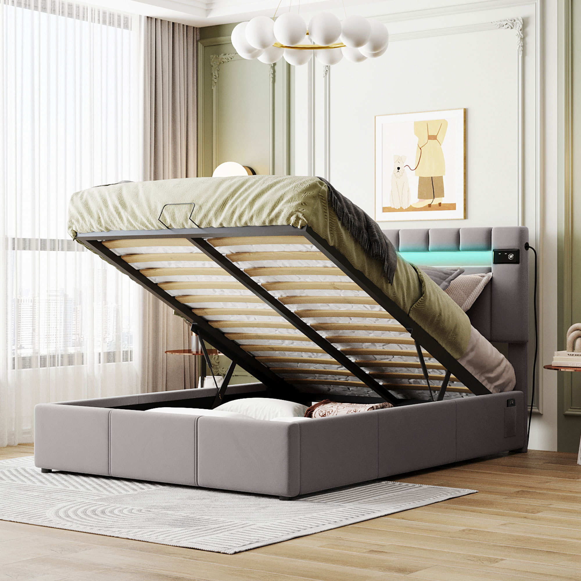 Miami Full Size Velvet Hydraulic Lift Up Storage Platform Bed with LED Light, Bluetooth Player and USB Charging