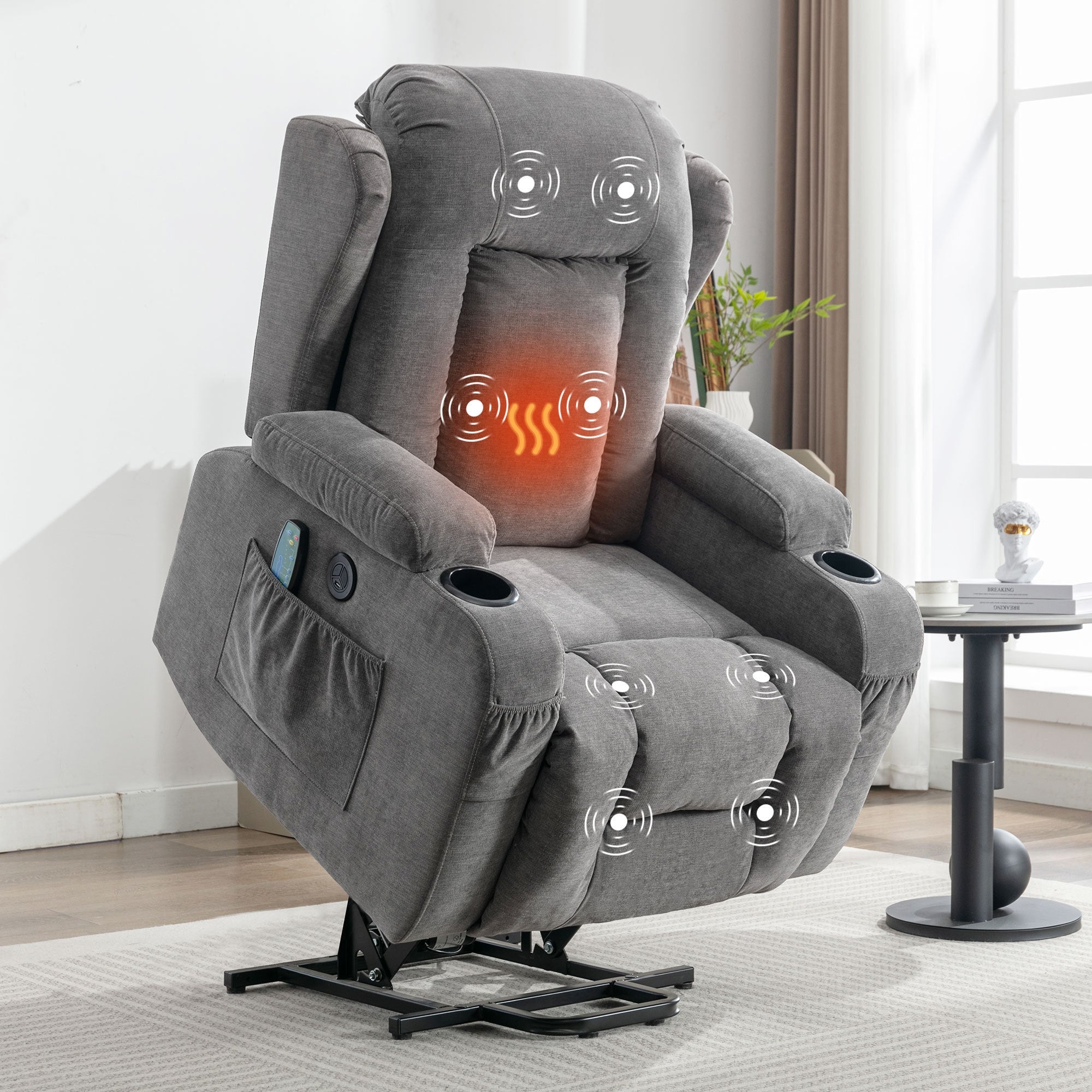 Russell Power Lift Recliner Chair With Heat and Massage, USB Charge Port and Side Pocket