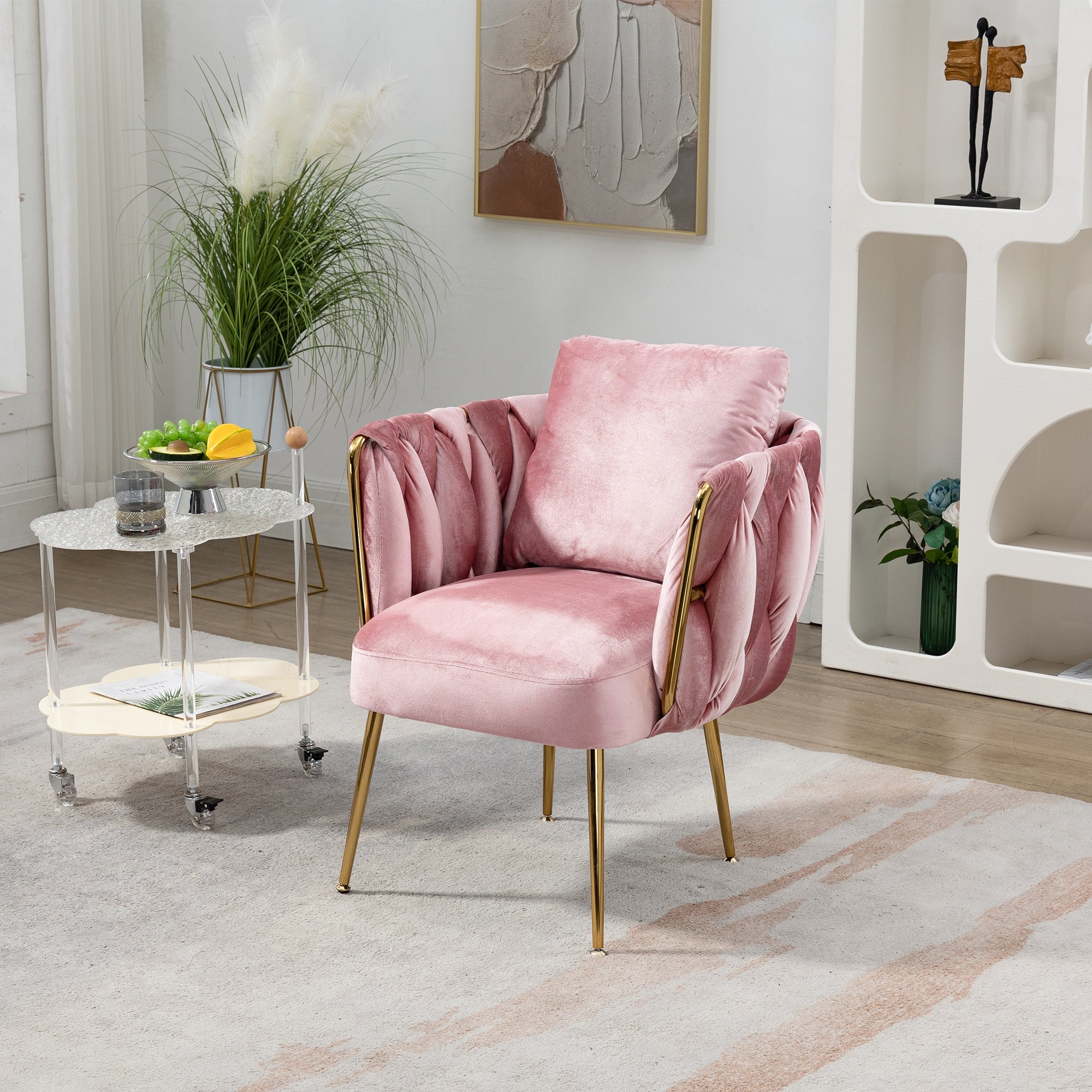 Zuri Modern pink Velvet Accent Barrel Chair with Gold Metal Legs