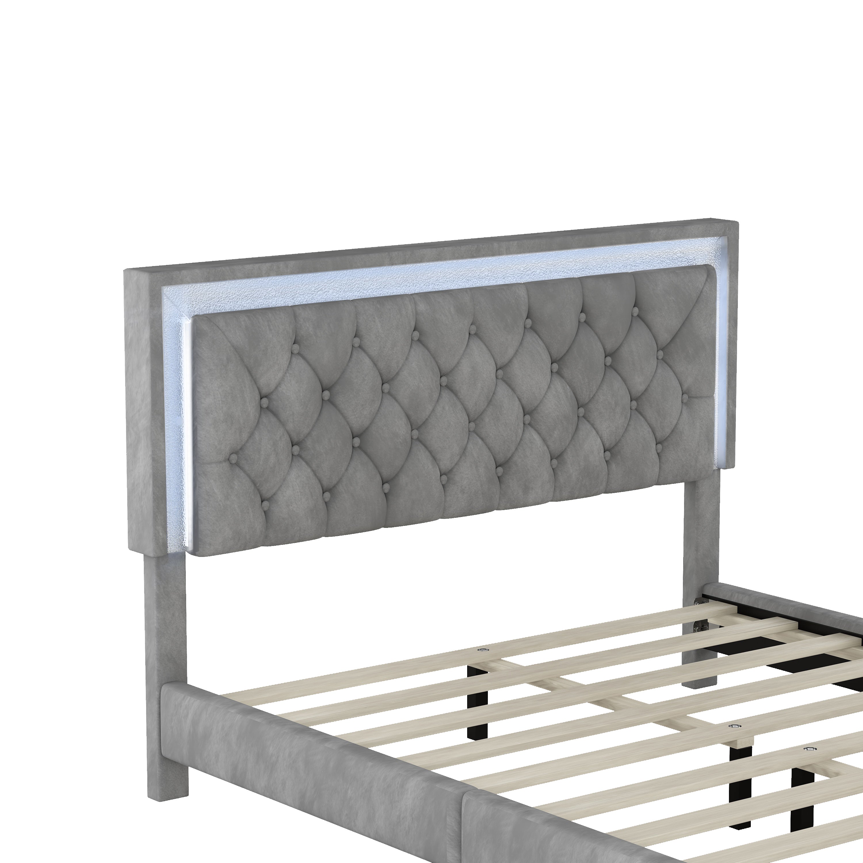 Tiffani 3 Piece Bedroom Set, Queen Size Velvet Upholstered Platform Bed with LED Lights and Two Nightstands