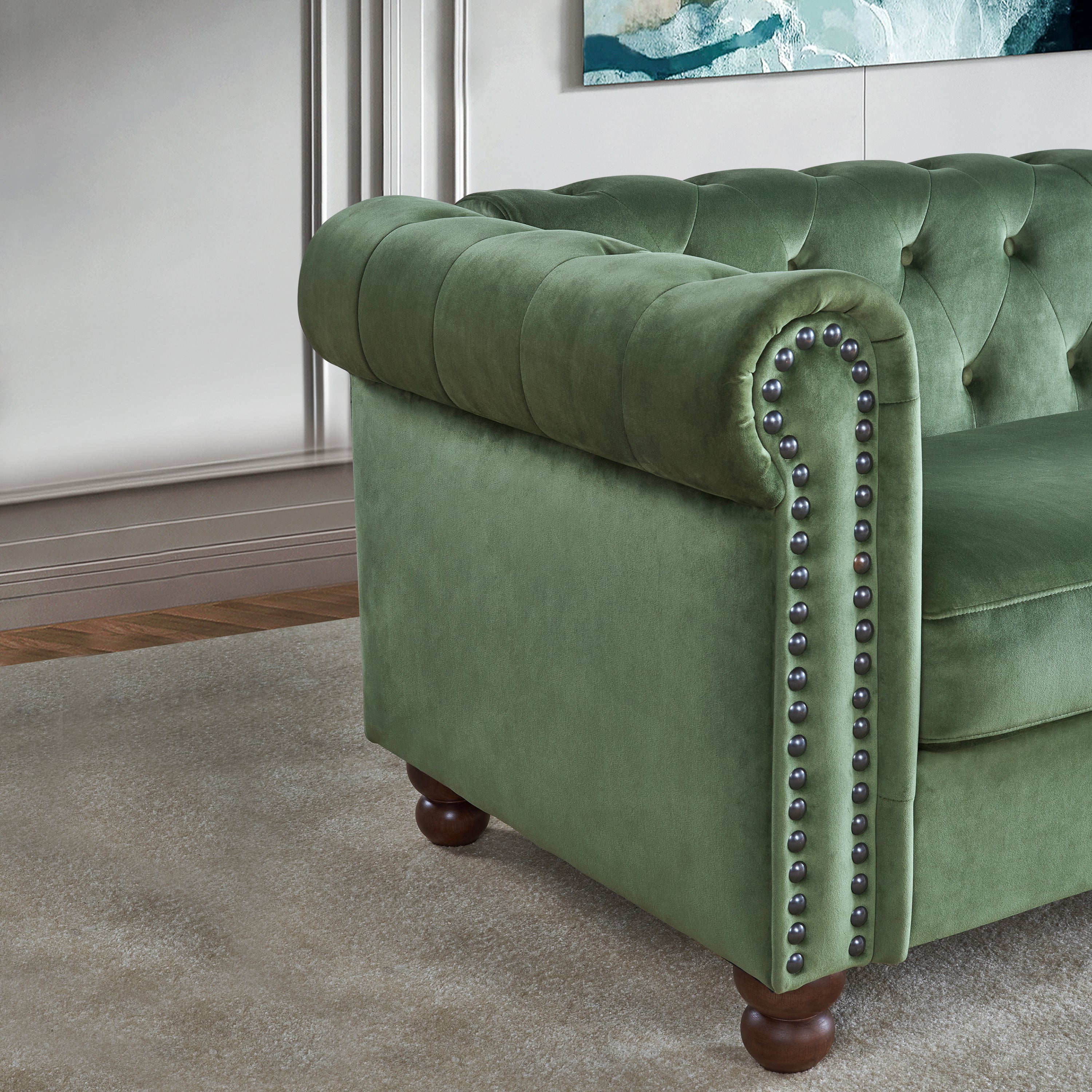 79.53" Green Velvet Fabric Chesterfield Sofa with Tufted Back and Wood Legs