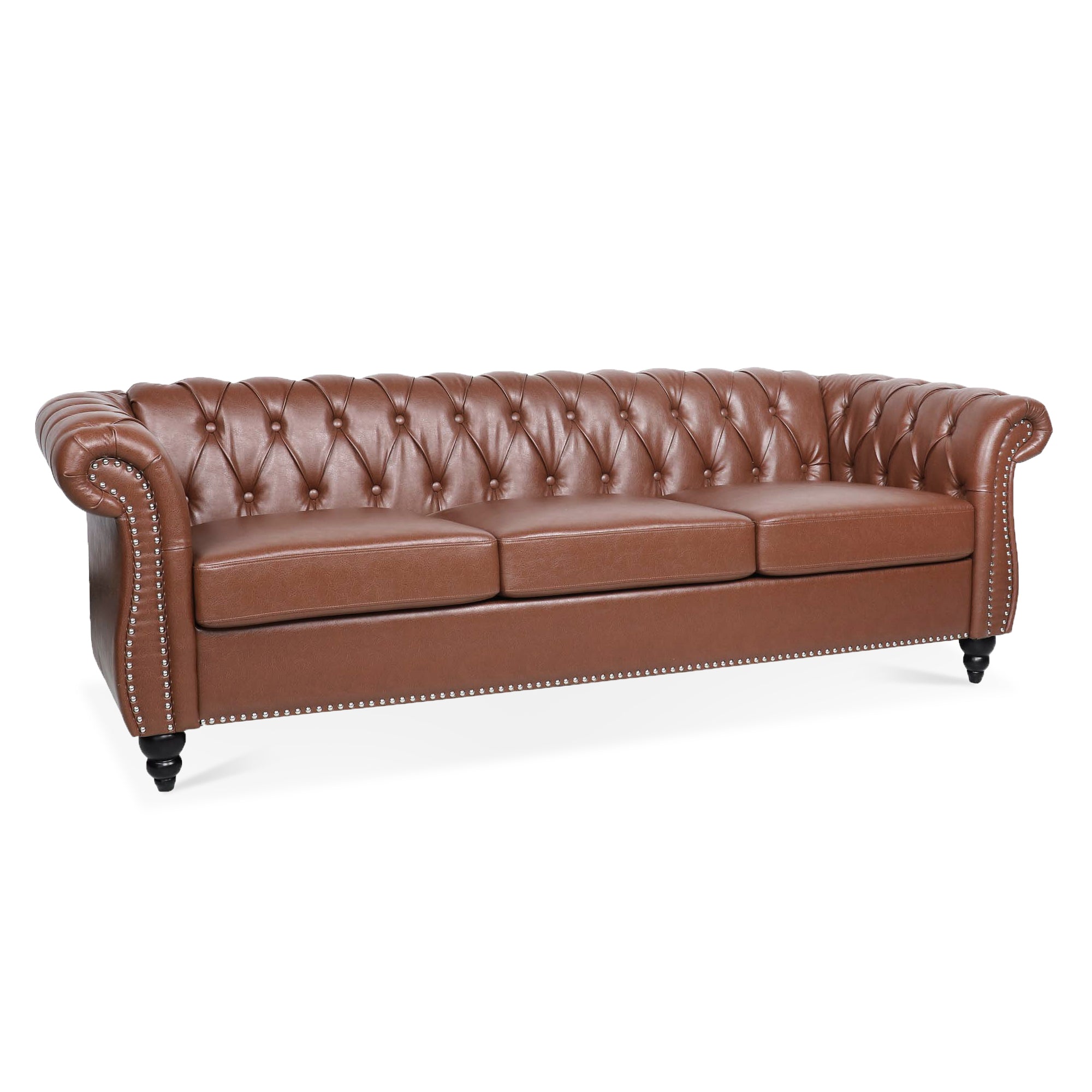 84" Cognac Faux Leather Chesterfield Sofa With Nailhead Trim