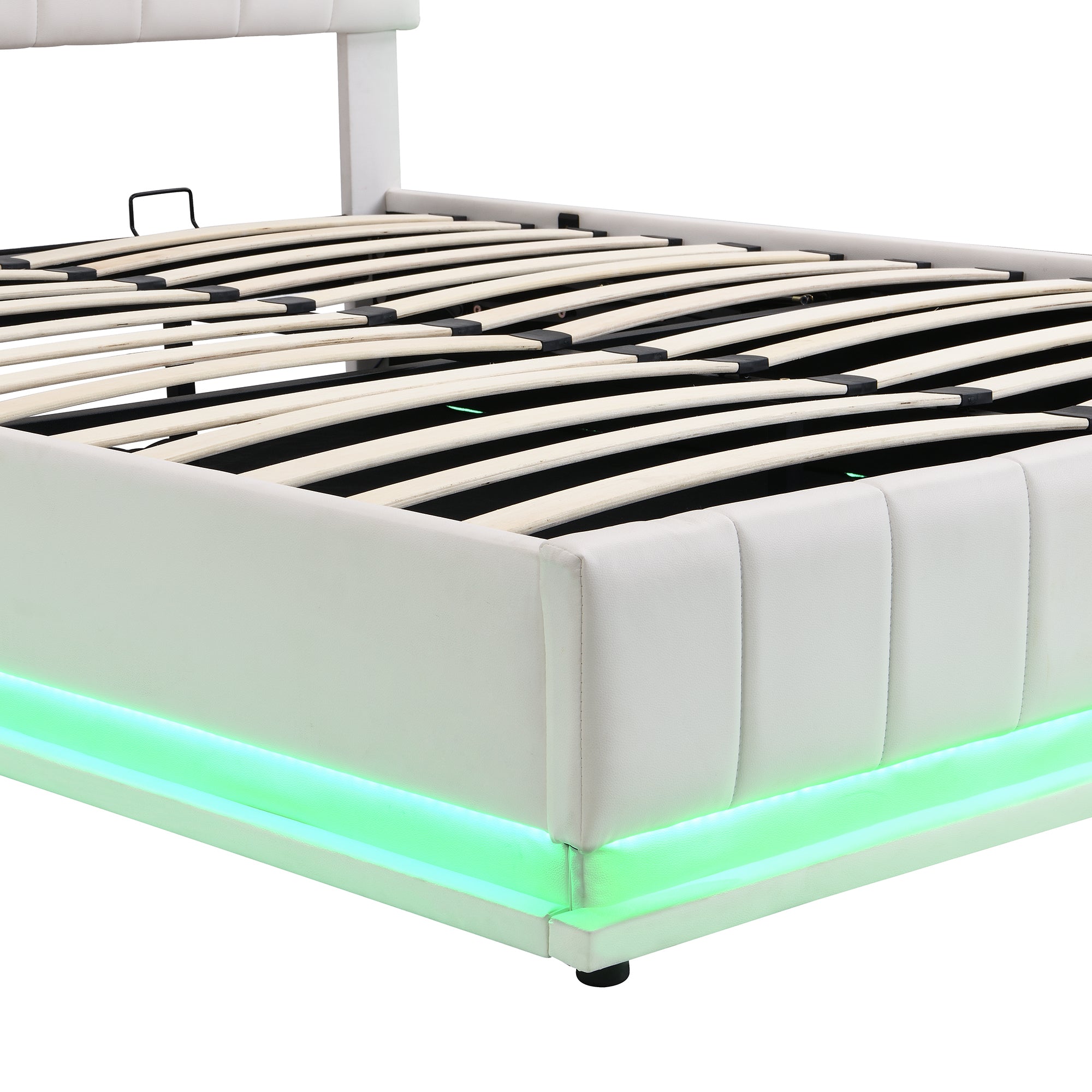 Skylar White Faux Leather Queen Platform Bed with Hydraulic Storage System and LED Light, Modern Platform Bed with Sockets and USB Ports