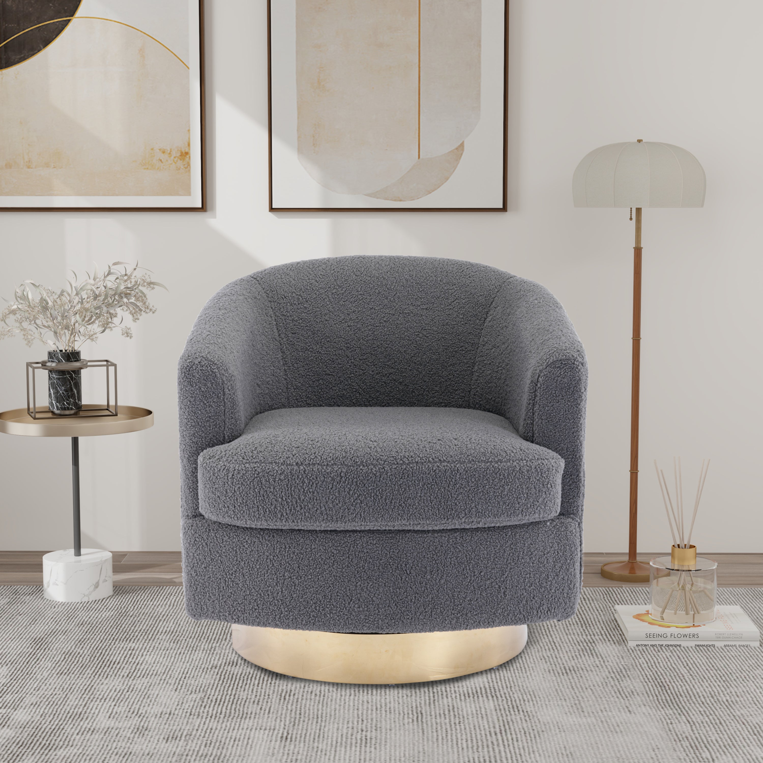 Martha gray Boucle Swivel Accent Barrel Chair with Gold Stainless Base