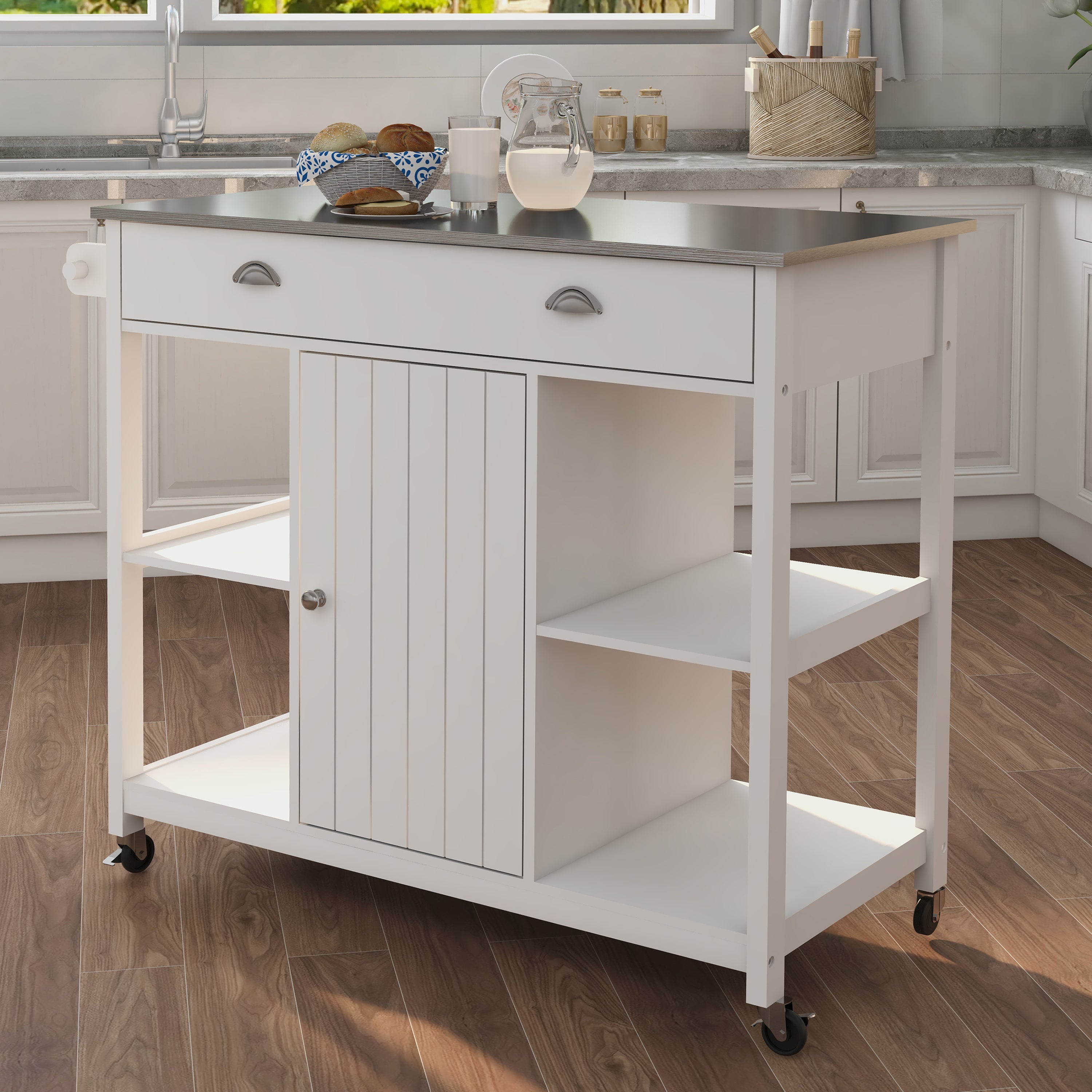 White 39.57" Kitchen Rolling Cart With Stainless Steel Top