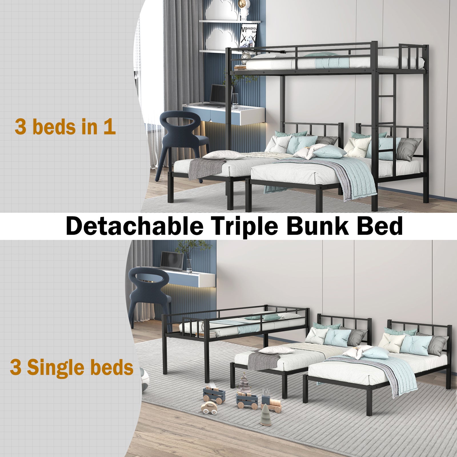 Landon Black Metal Triple Convertible Twin Loft Bunk Bed