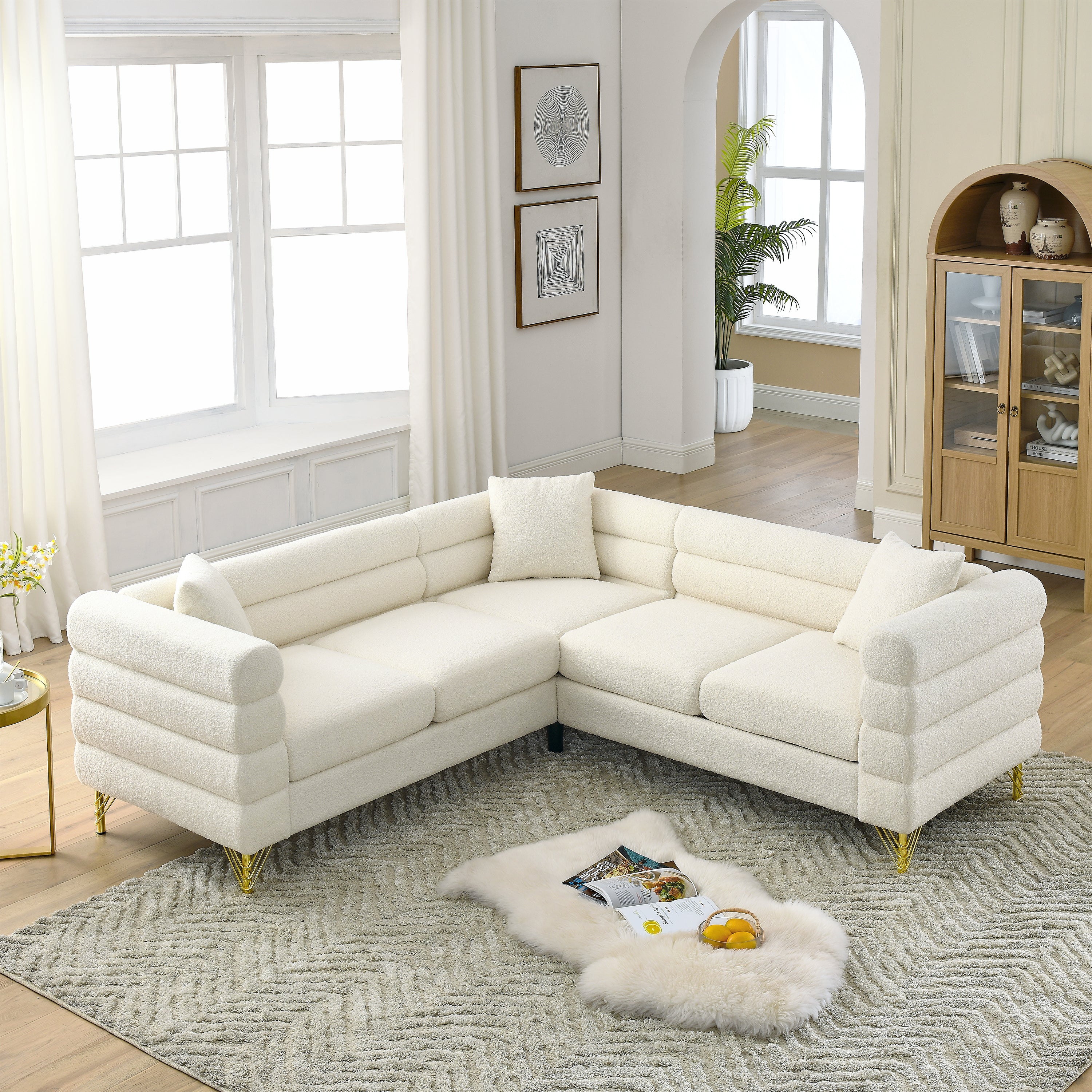 Lorenzi Beige Boucle Fabric Upholstered Sectional Sofa with Gold metal Legs
