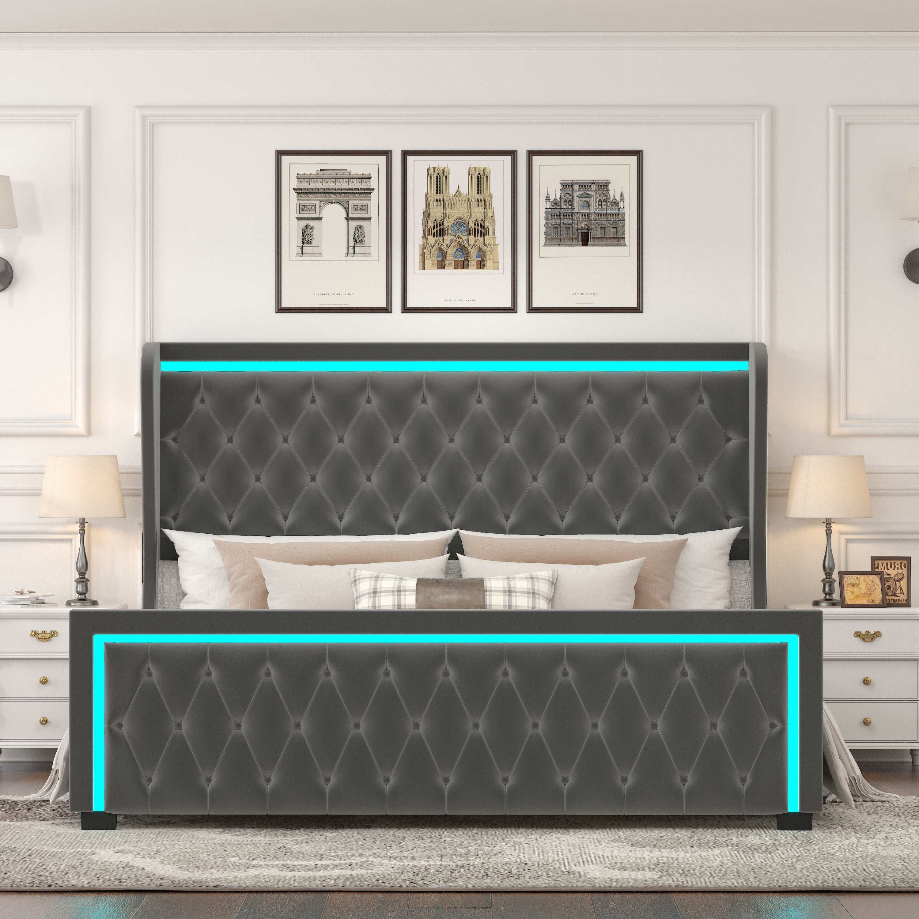 Gray Luxury Velvet Tufted Wingback Queen Platform Bed with LED Light